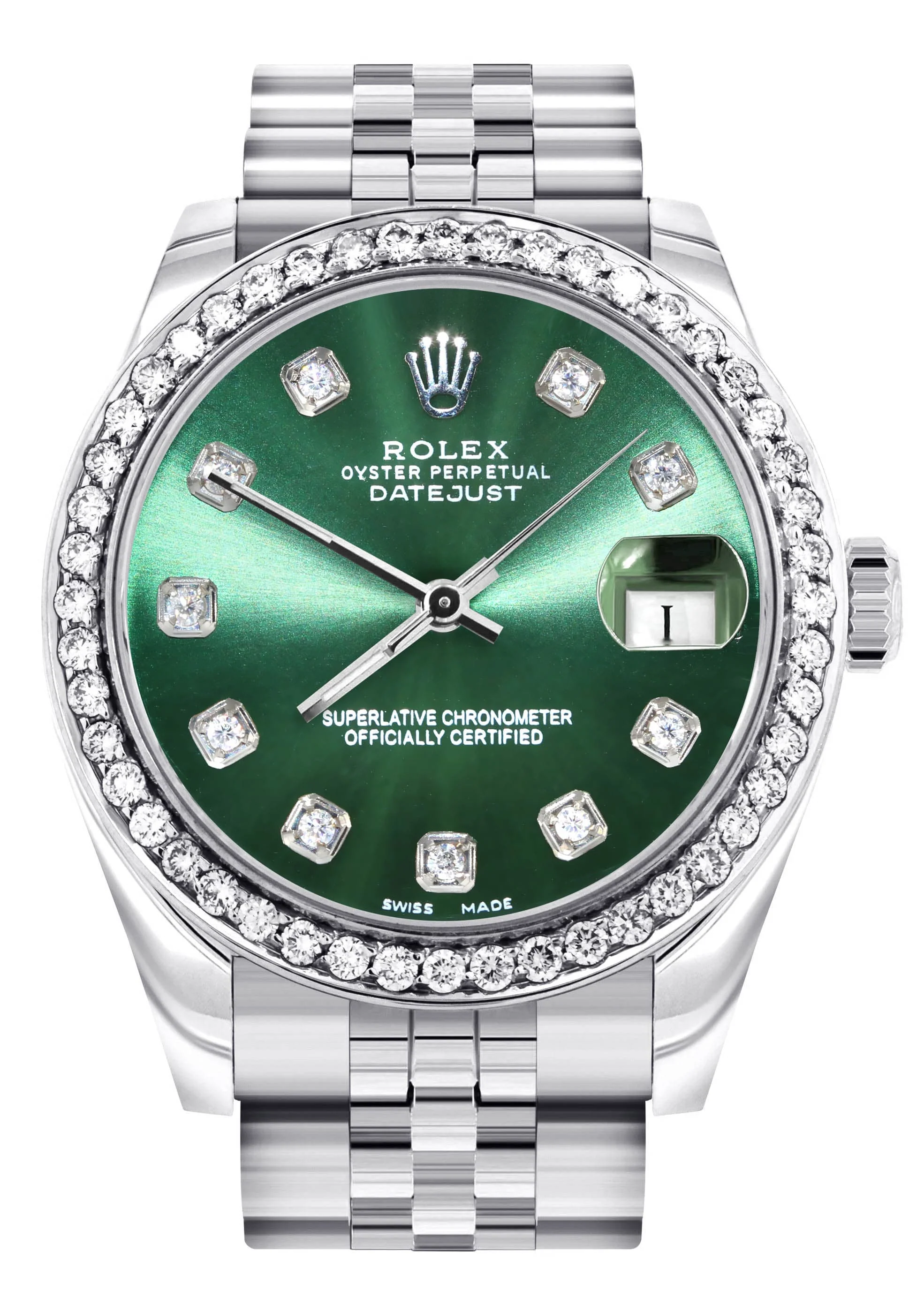 Diamond Rolex Watch | 68274 | Diamond Bezel | 31MM | Green Diamond Dial | Jubilee Band
