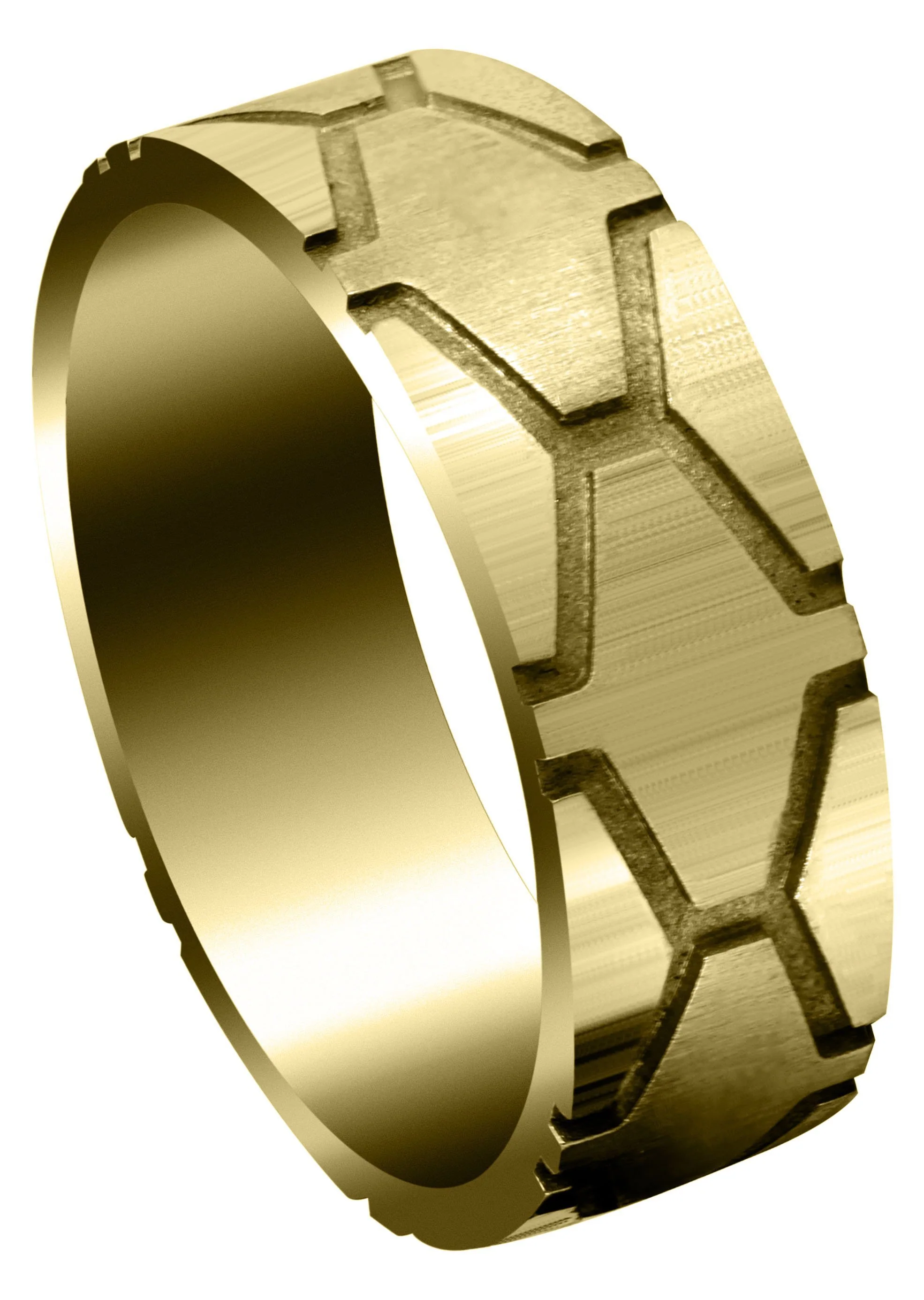 Yellow Gold Fancy Carved Contemporary Mens Wedding Band | High Polish Finish (Andrew)