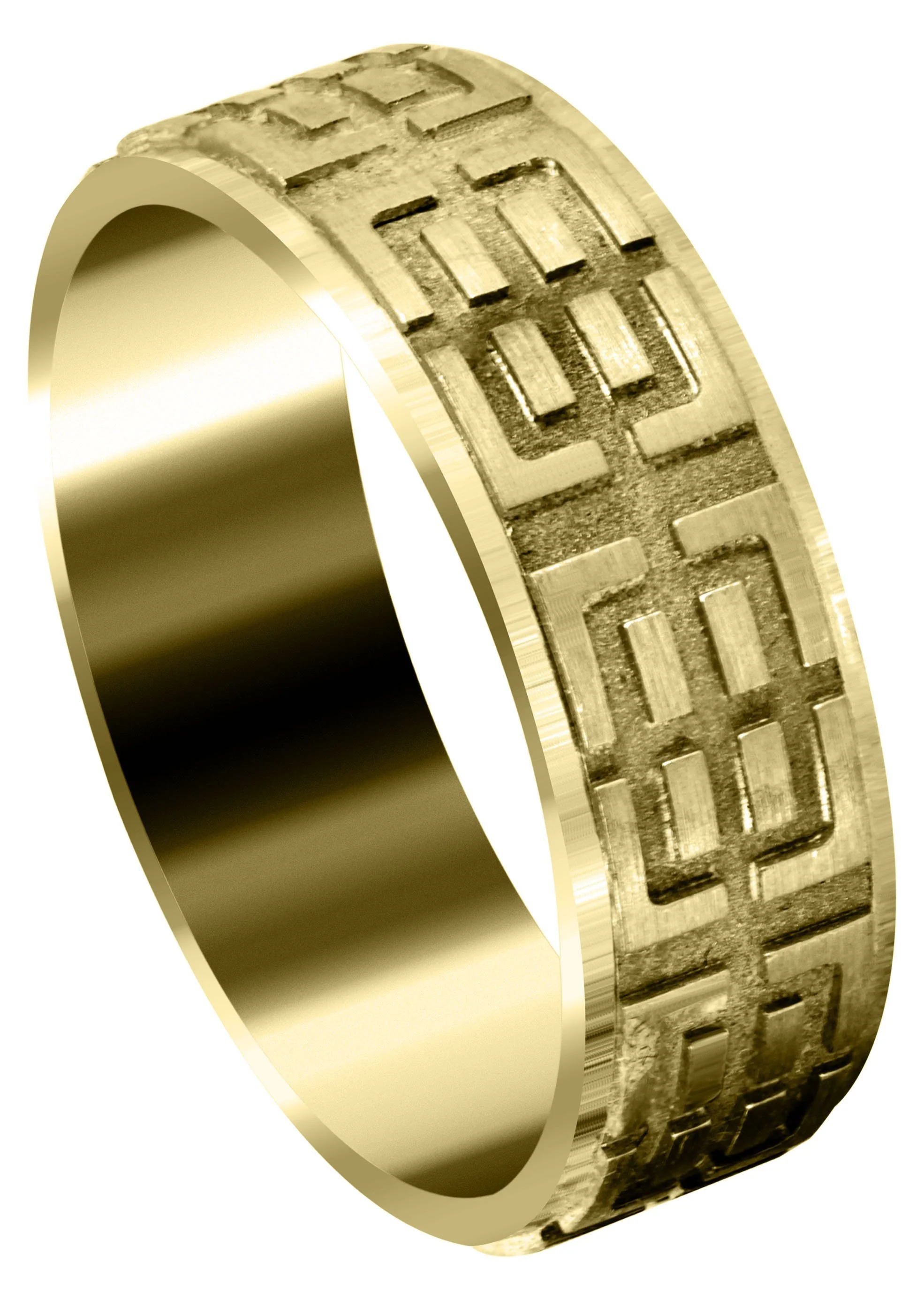 Yellow Gold Fancy Carved Contemporary Mens Wedding Band | Satin / High Polish Finish (Henry)