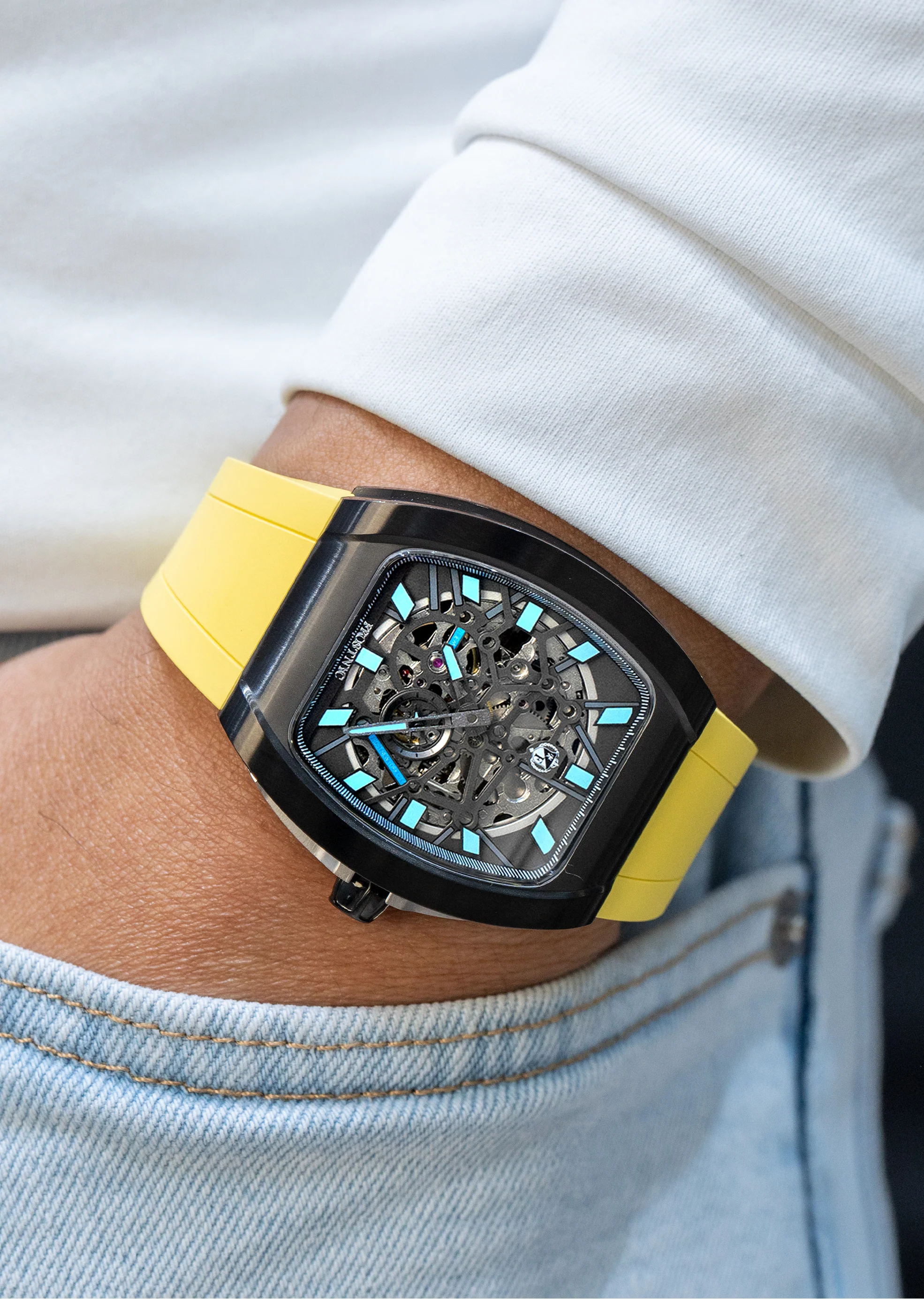 Frost NYC Mens Watch - Automatic Skeleton Sport Black Watch | FRST-01-SB| Yellow - Image 2