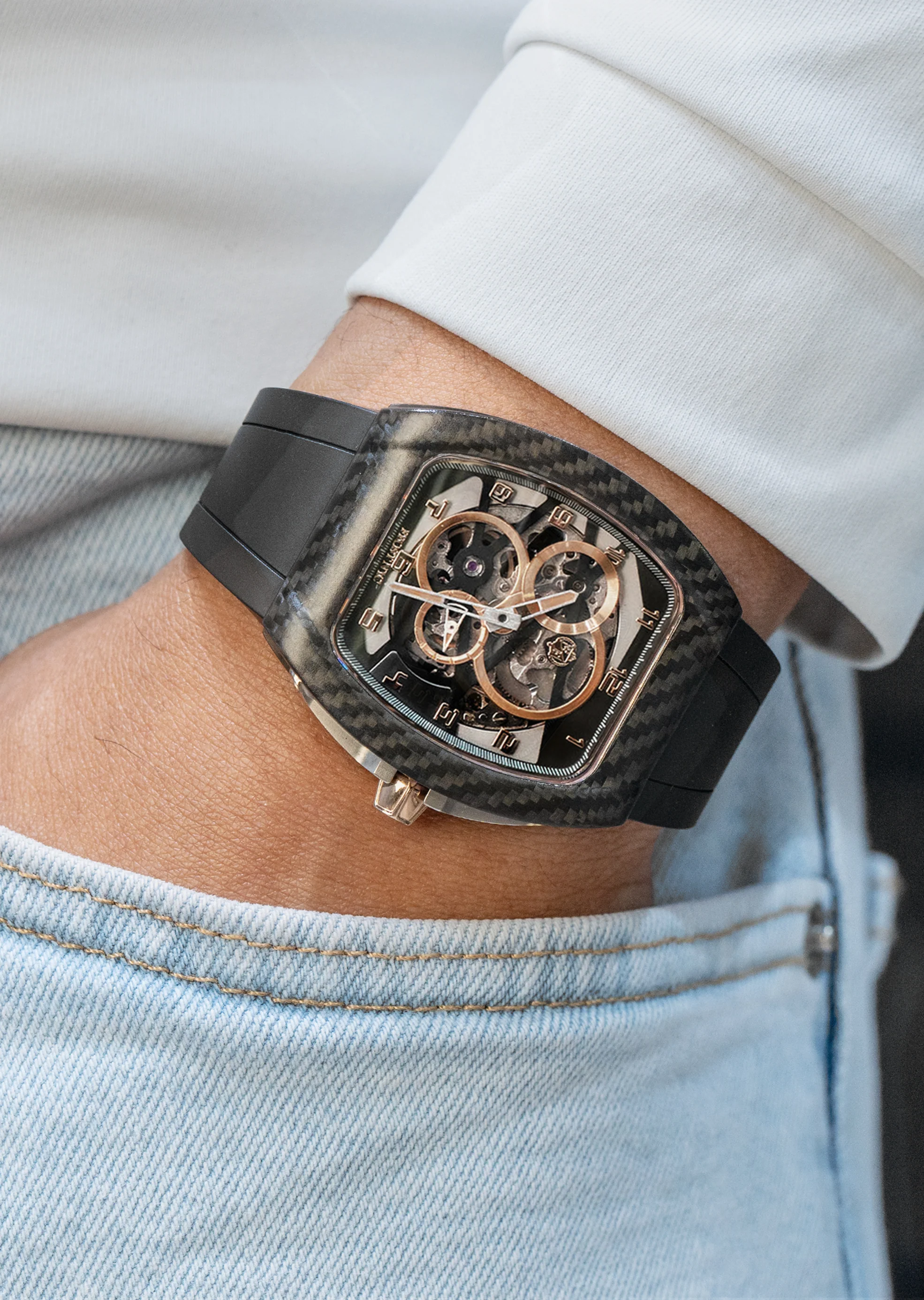 Frost NYC Mens Watch - Automatic Skeleton Carbon Fiber Rose Sport Watch | FRST-01-CFR | Black - Image 2