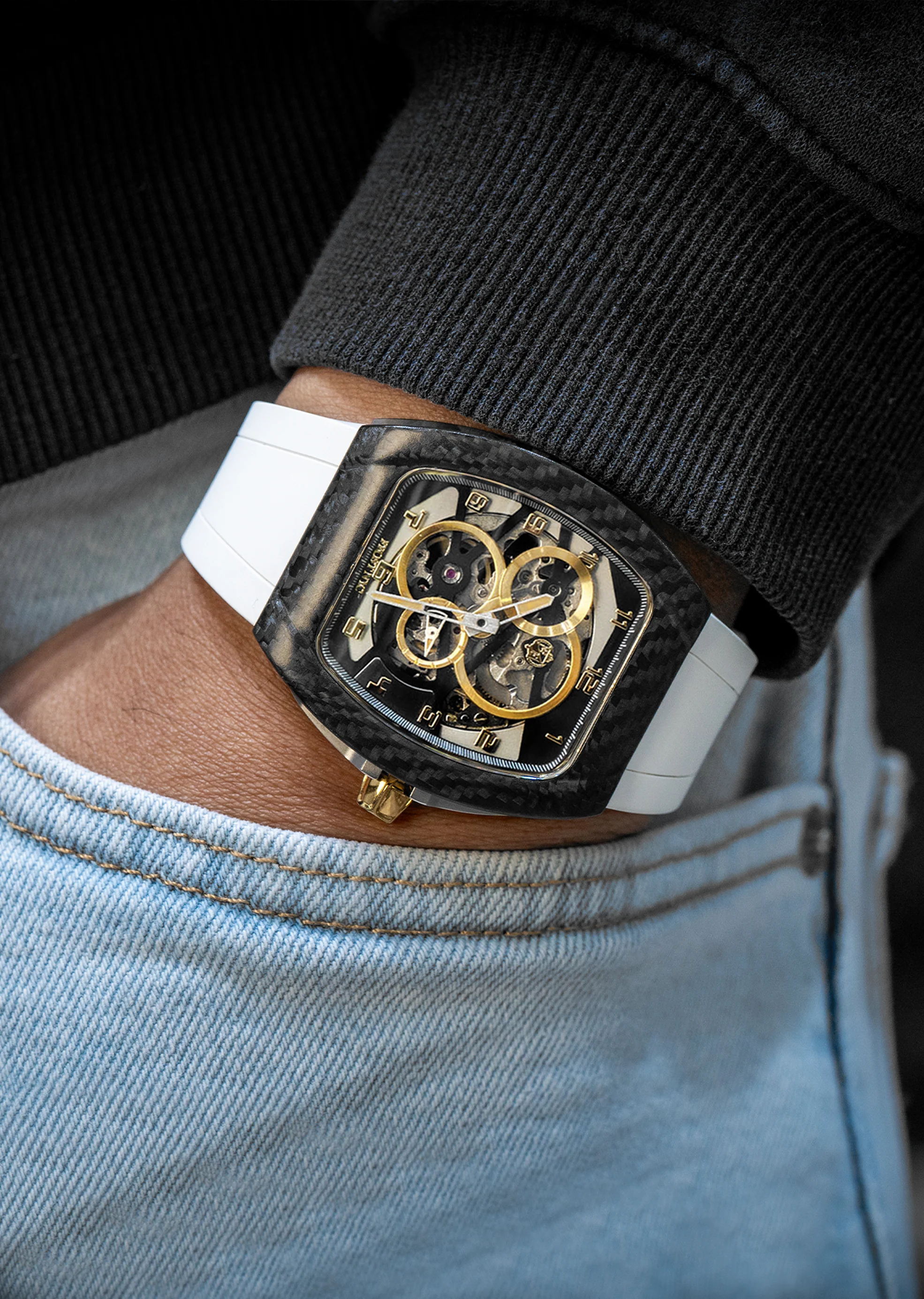 Frost NYC Mens Watch - Automatic Skeleton Carbon Fiber Sport Gold Watch | FRST-01-CFY| White - Image 2