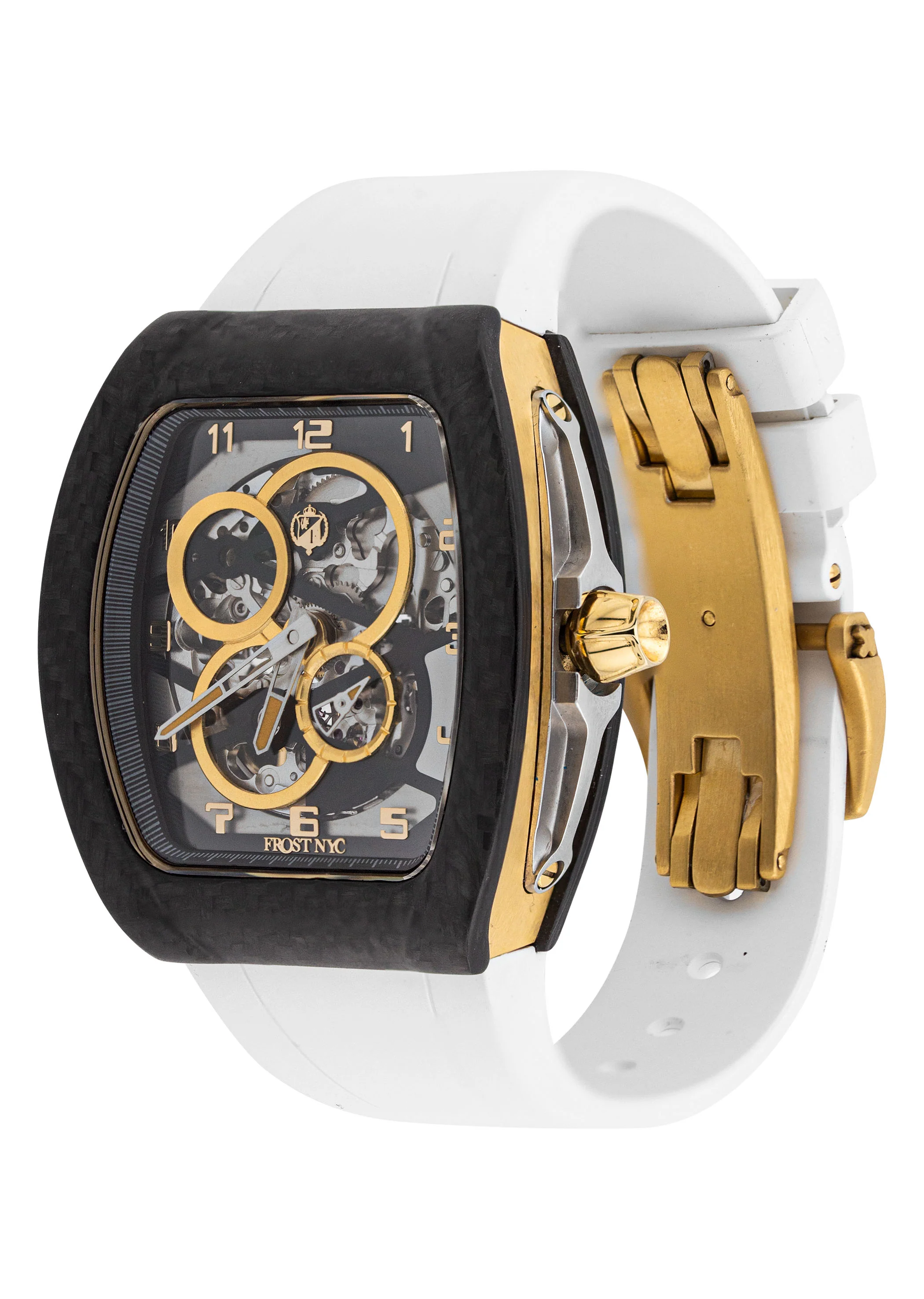 Frost NYC Mens Watch - Automatic Skeleton Carbon Fiber Sport Gold Watch | FRST-01-CFY| White - Image 6
