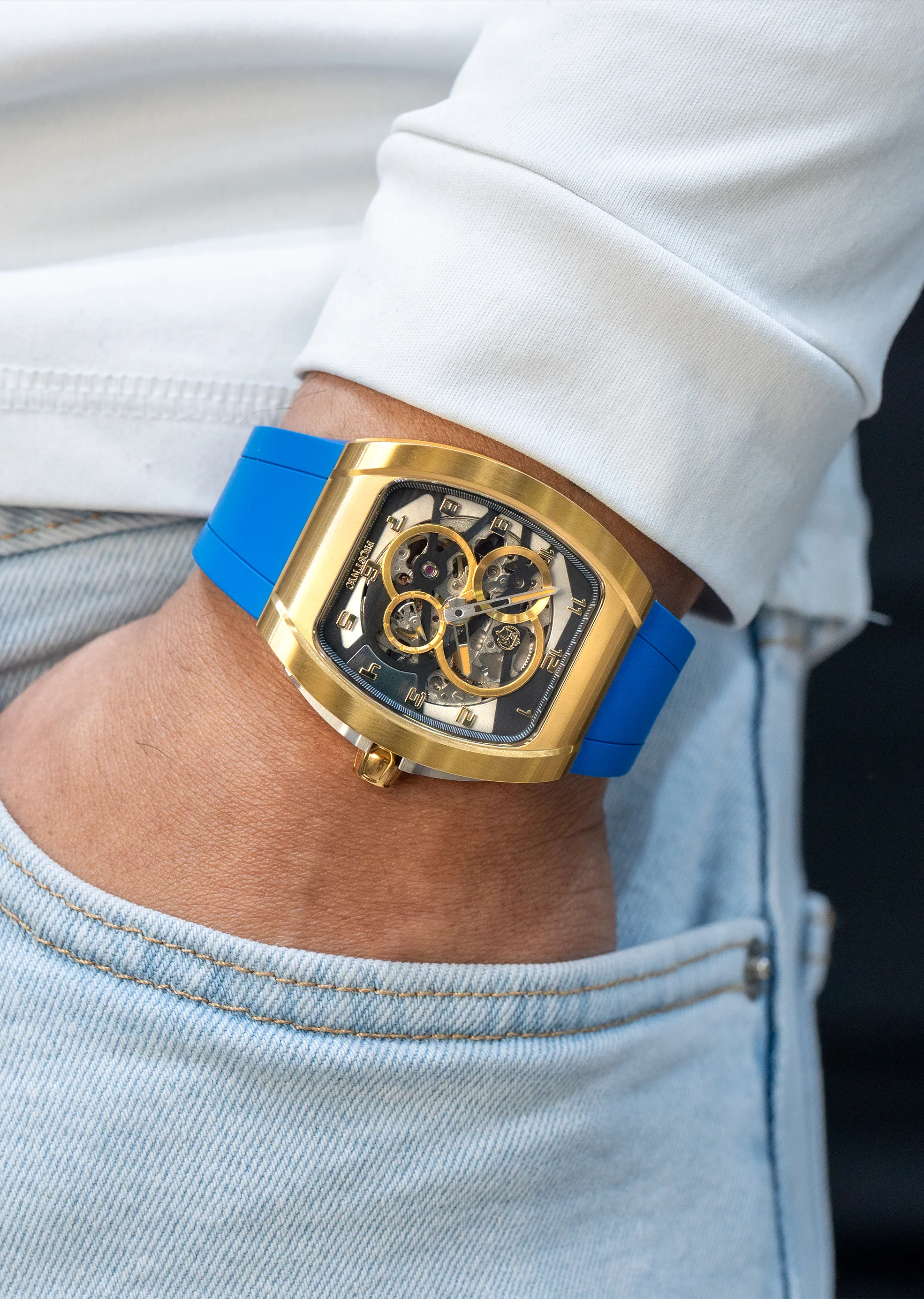 Frost NYC Mens Watch - Automatic Skeleton Sport Gold Watch | FRST-01-CY| Blue - Image 2