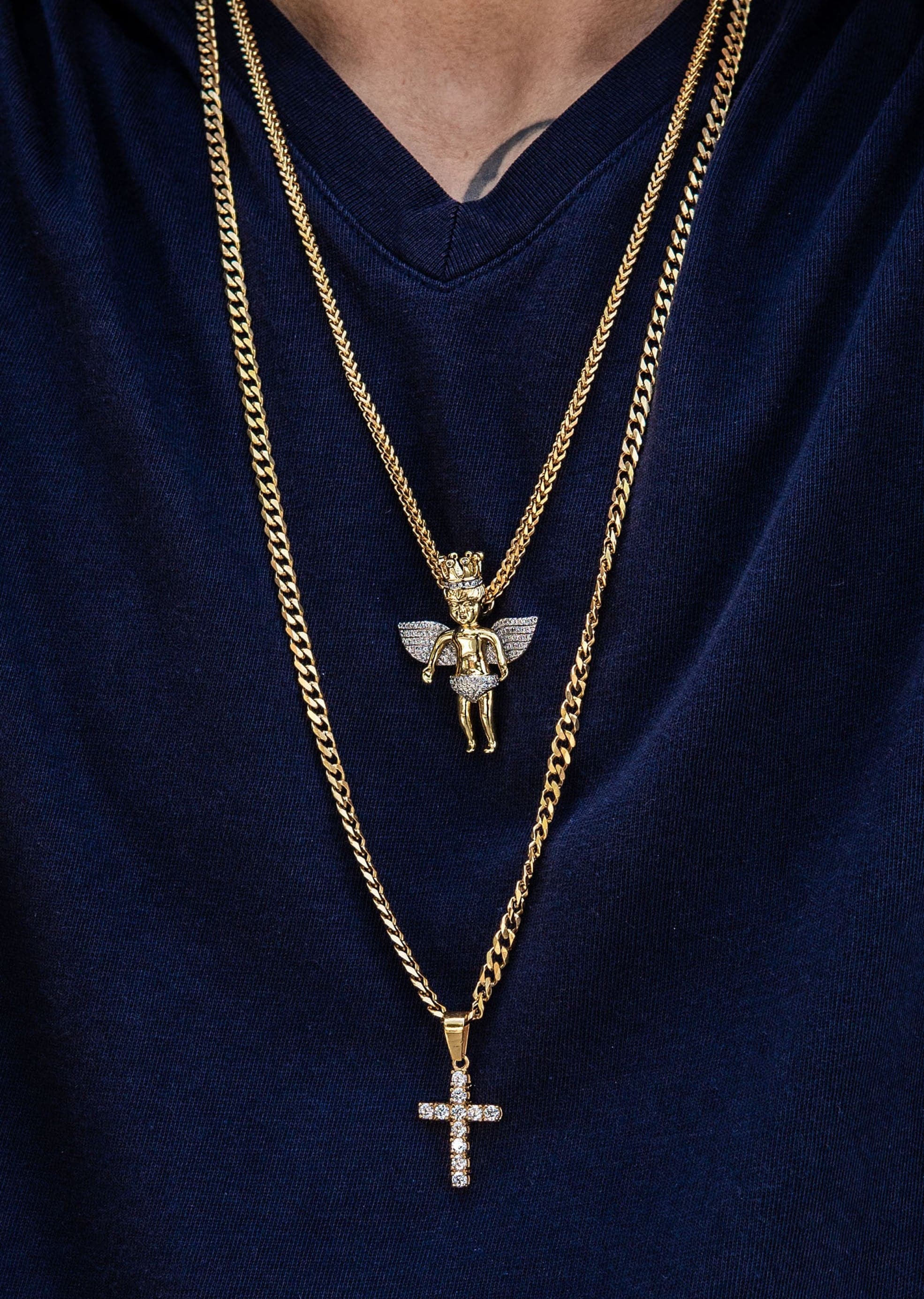 Gold Plated Iced Out Angel & Cross With Cuban Link & Franco Chain - Image 2