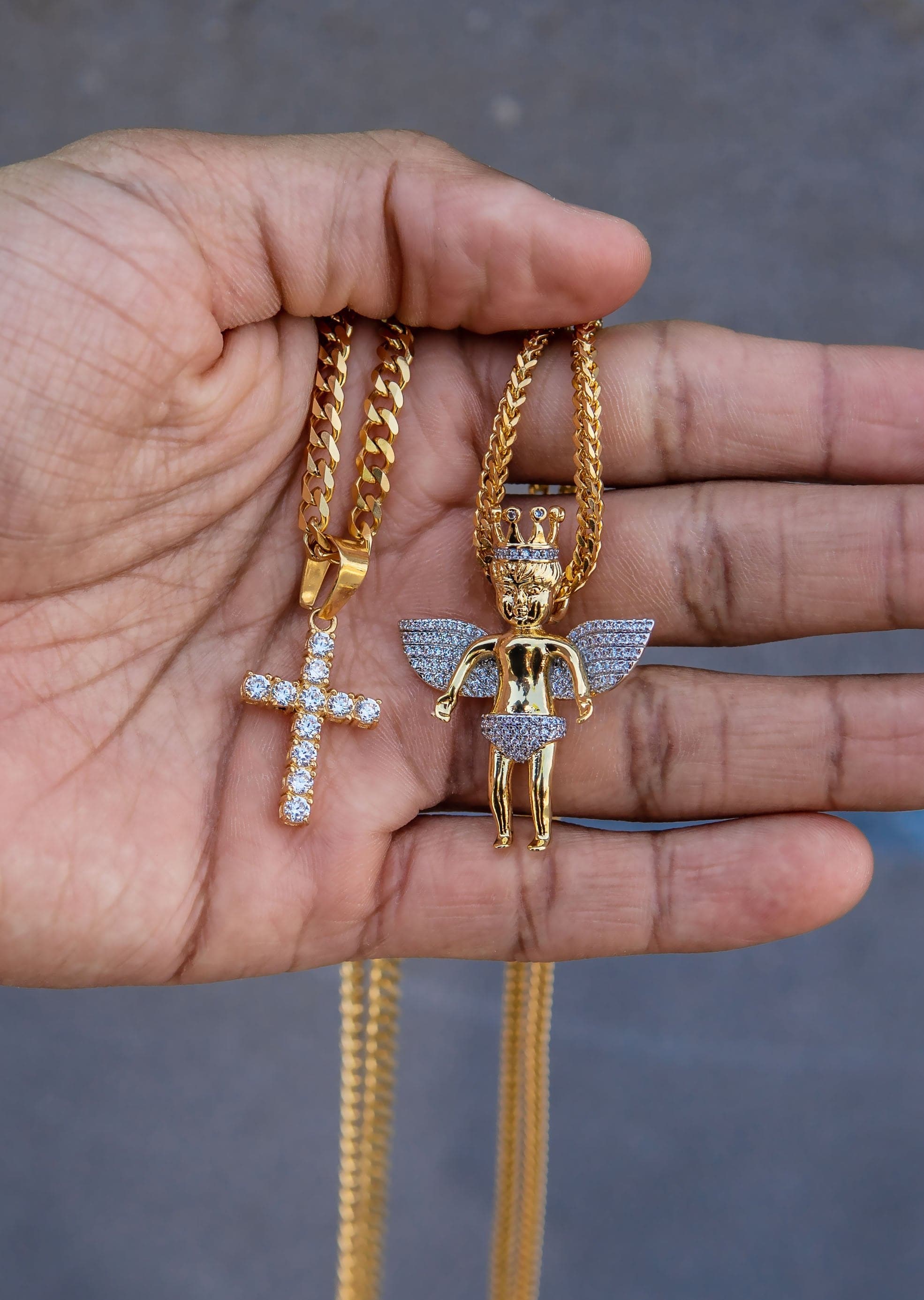 Gold Plated Iced Out Angel & Cross With Cuban Link & Franco Chain - Image 3