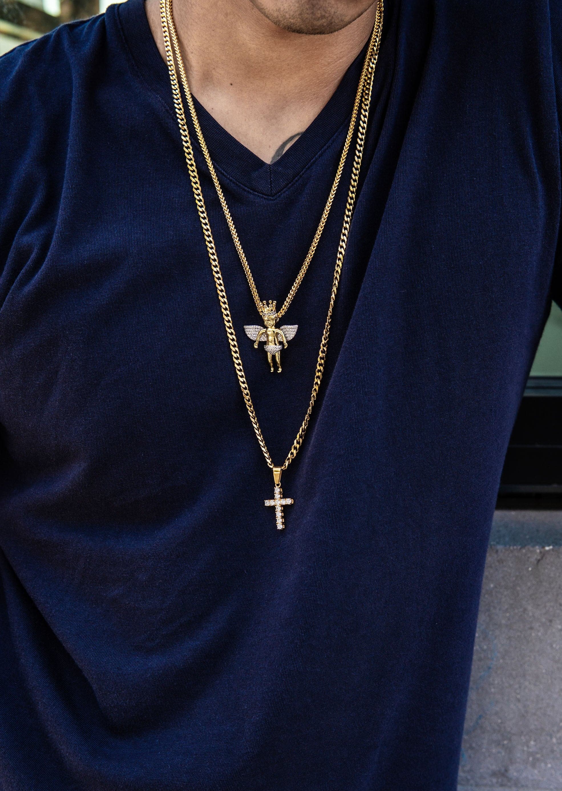 Gold Plated Iced Out Angel & Cross With Cuban Link & Franco Chain - Image 4