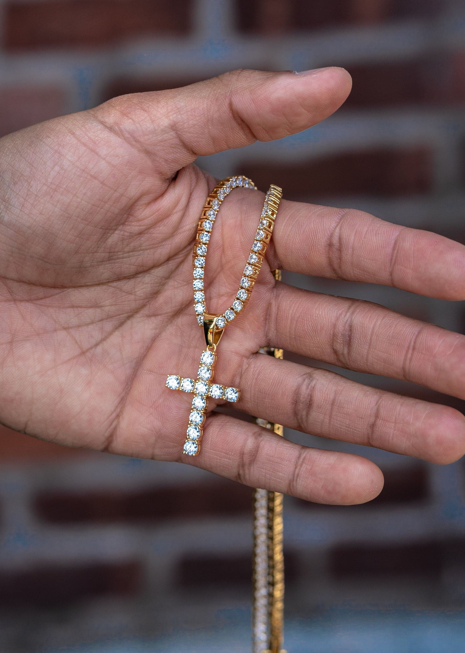Gold Plated Iced Out Cross & Tennis Chain ( 3 MM ) - Image 2