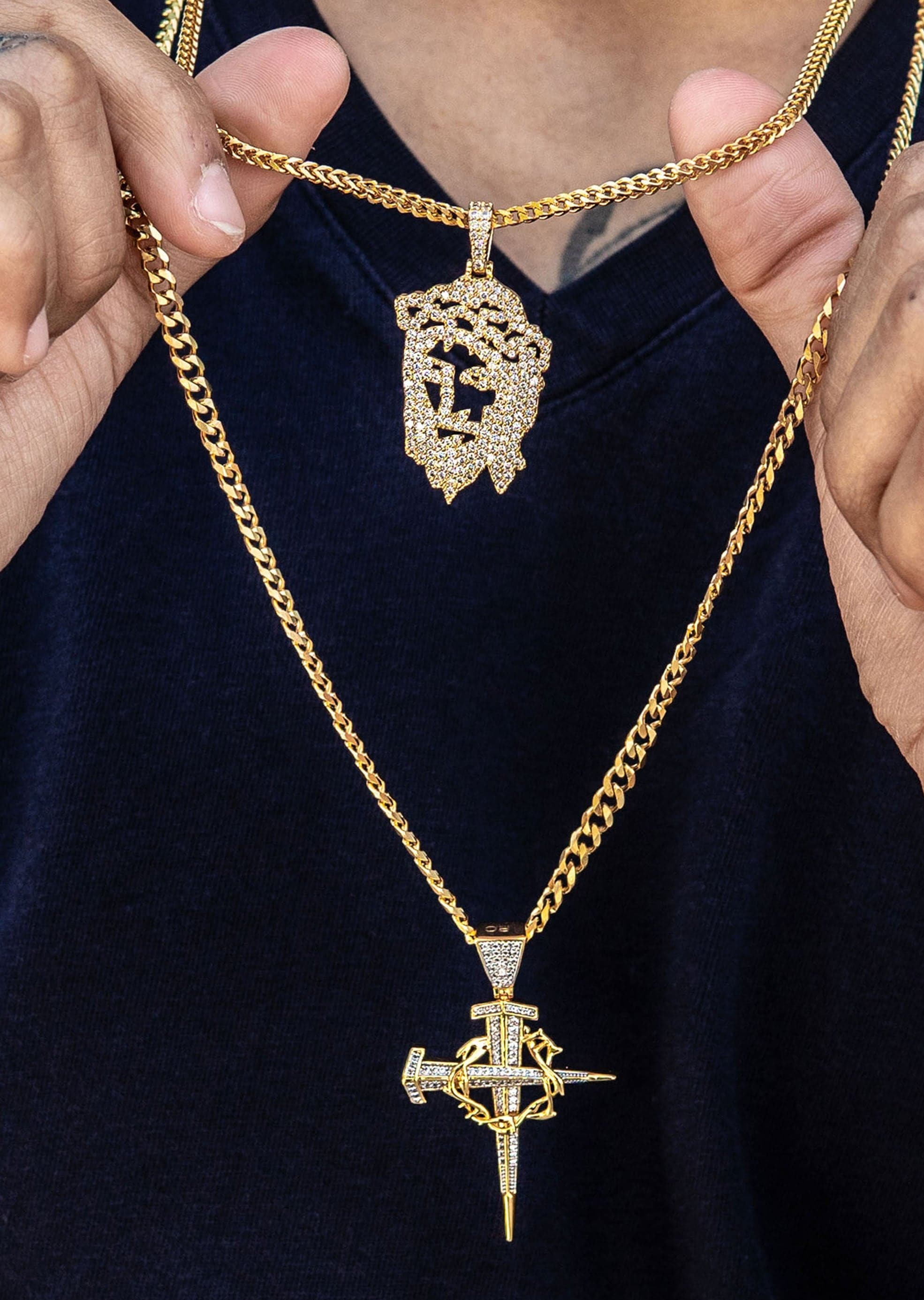Gold Plated Iced Out Jesus Piece & Cross With Cuban Chain & Franco Chain - Image 2