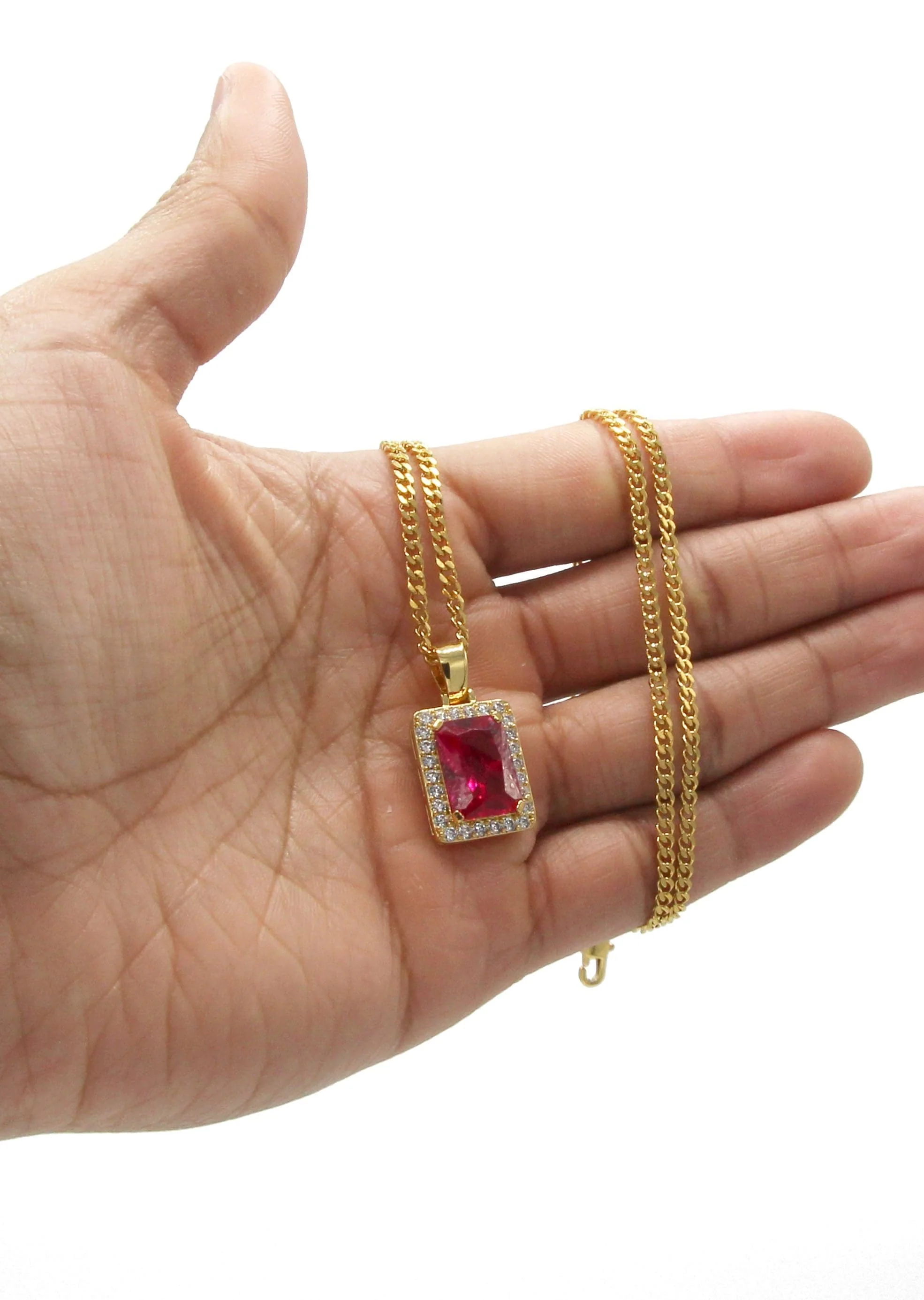 Mens Gold Plated Cuban Link Chain & Ruby Pendant | Appx. 14 Grams - Image 5