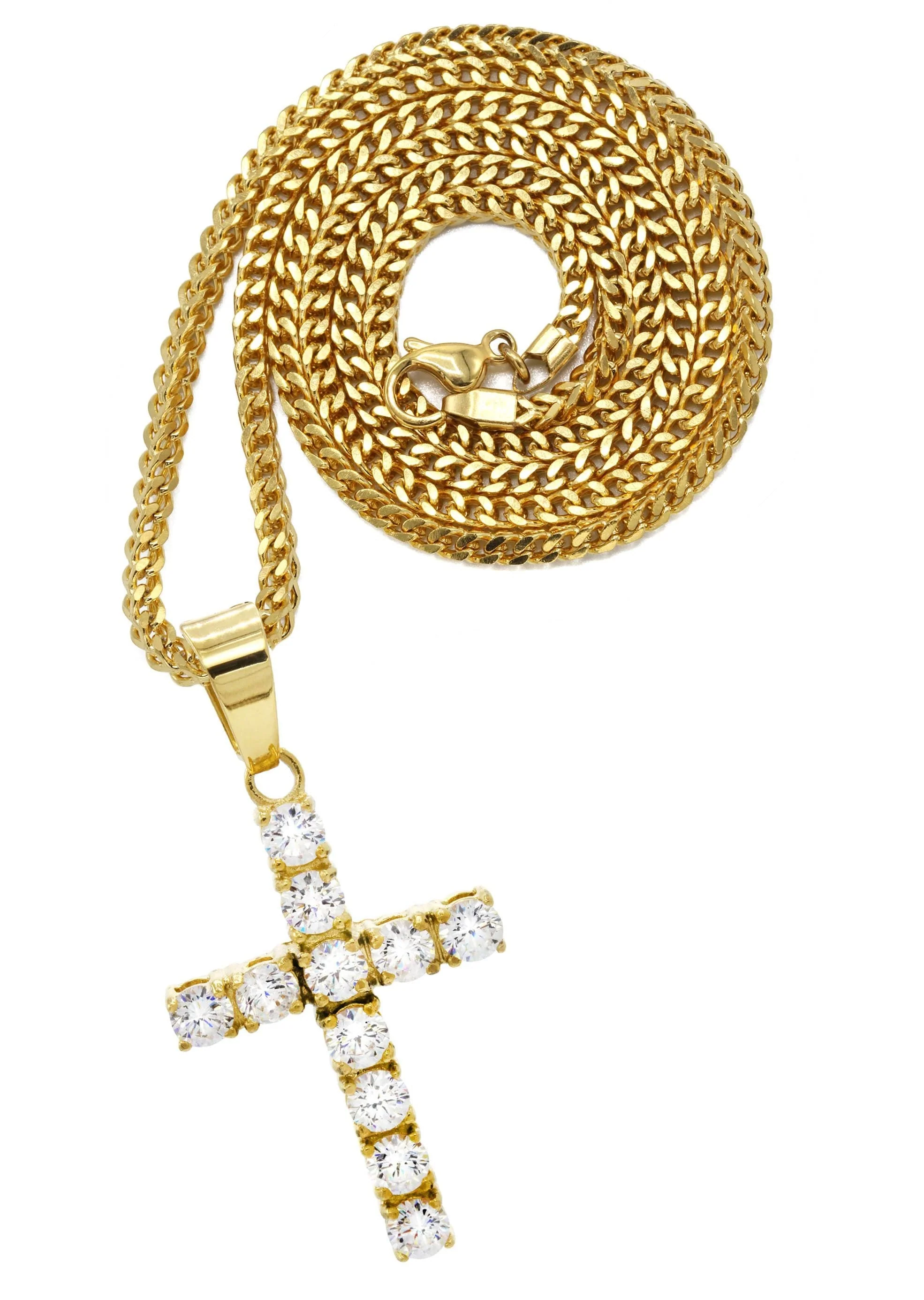 Mens Gold Plated Franco Chain & Cross Pendant | Appx. 12.4 Grams