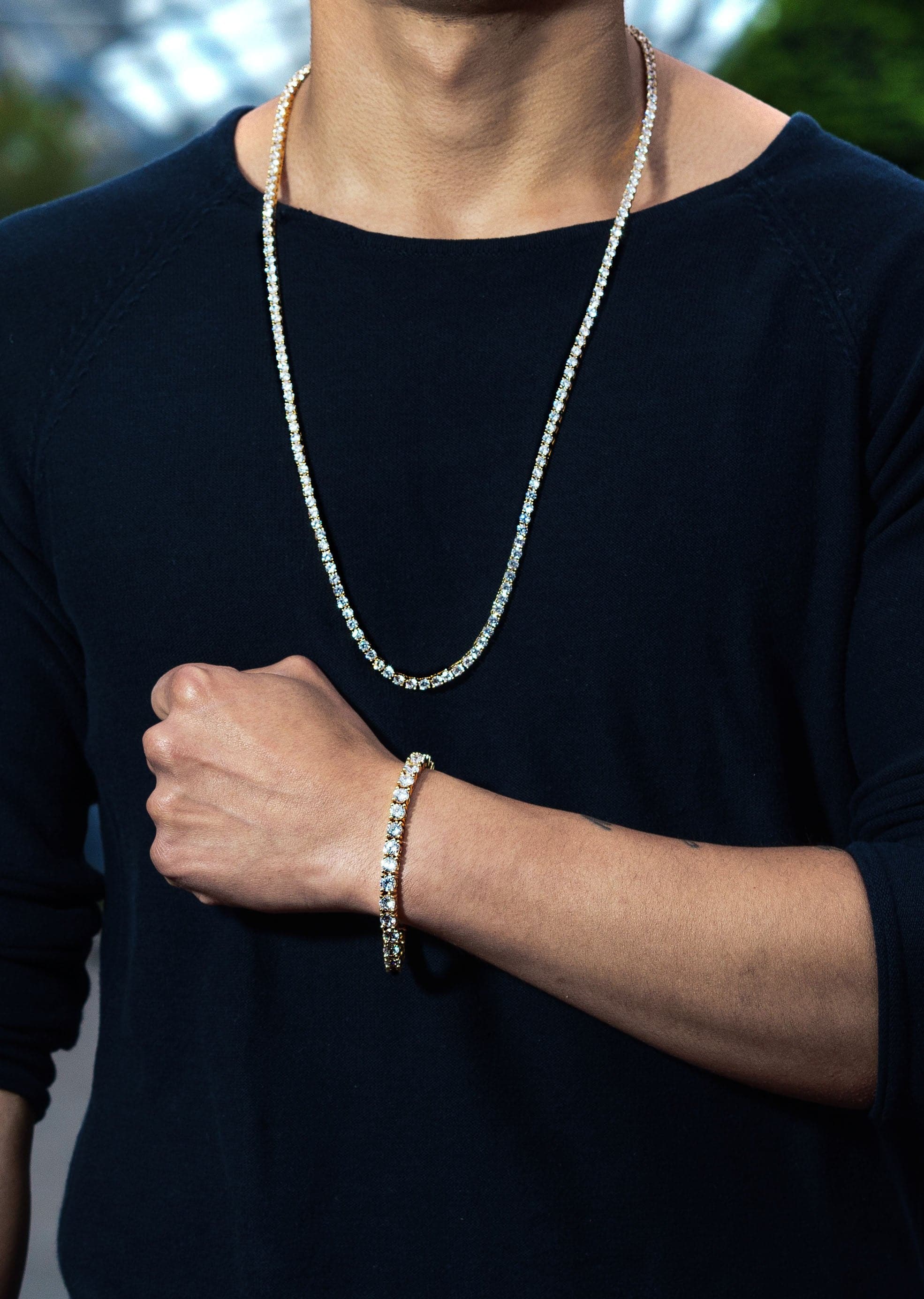 Gold Plated Iced Out Tennis Chain & Bracelet ( 4 Mm ) - Image 3