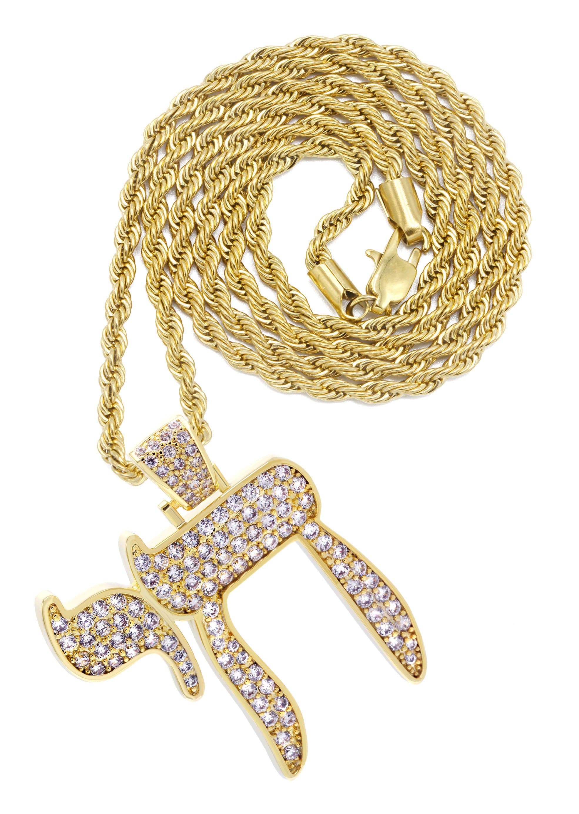Mens Gold Plated Rope Chain & Chai Pendant | Appx. 19.4 Grams