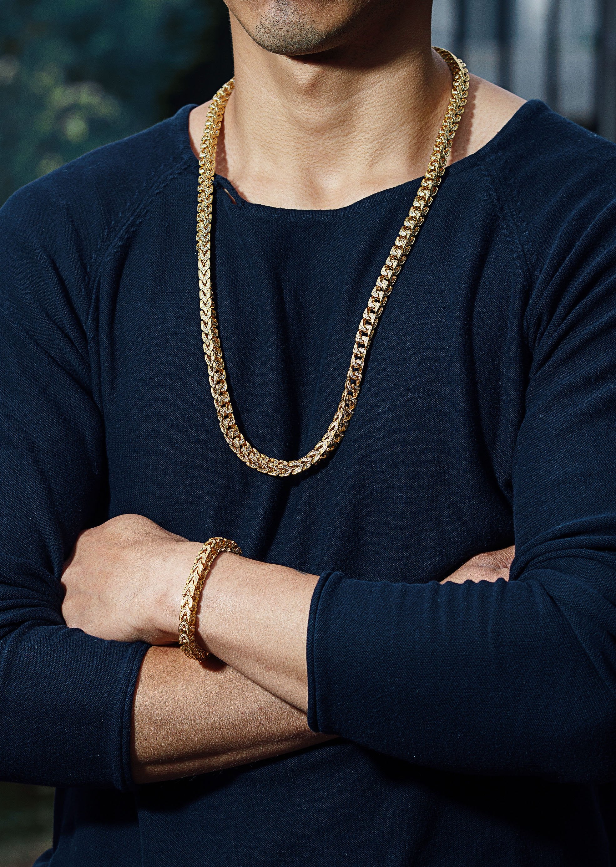 Solid Gold Plated Iced Out Franco Chain & Bracelet ( 8 Mm ) - Image 3