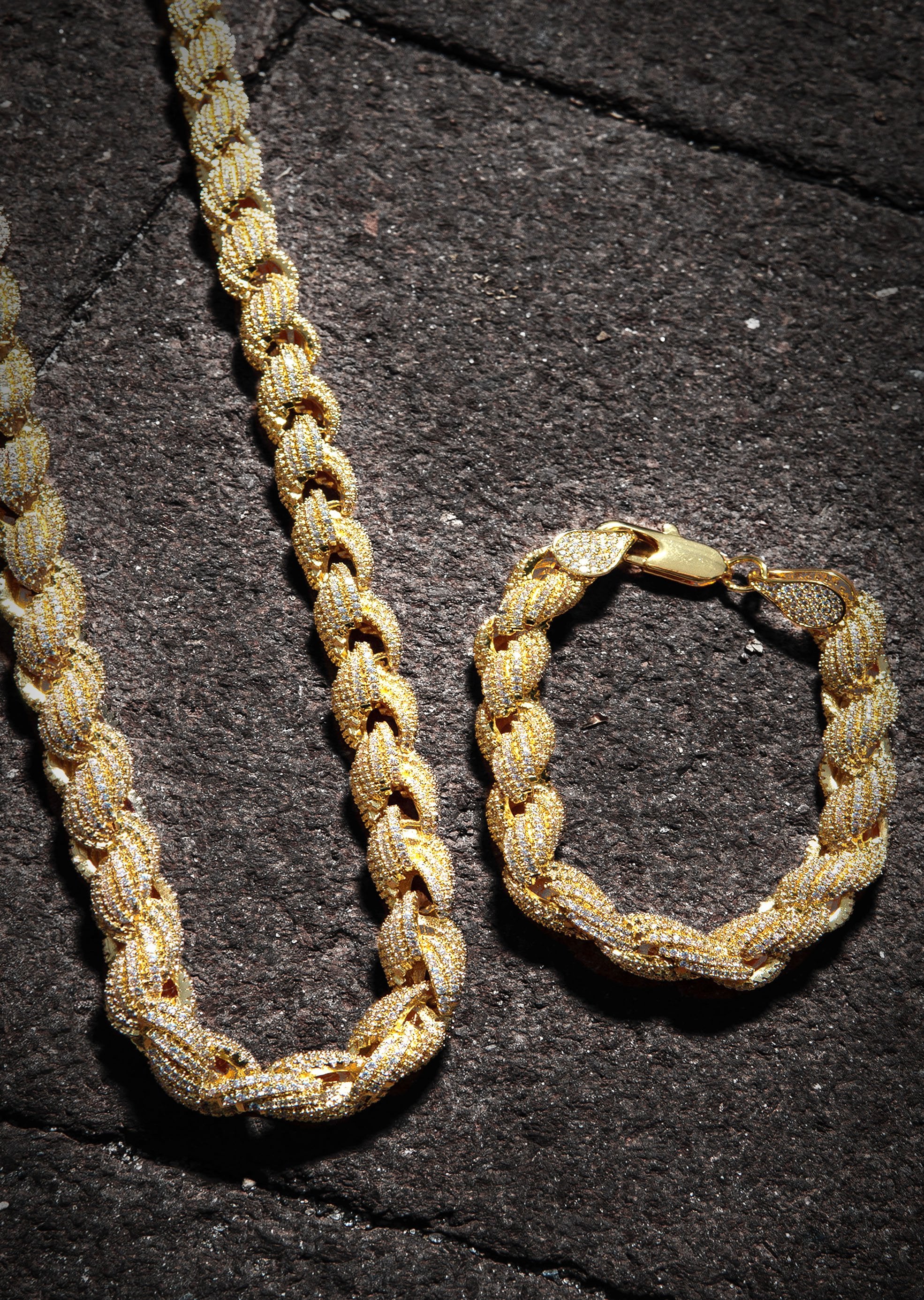 Solid Gold Plated Iced Out Rope Chain & Bracelet ( 10 Mm )