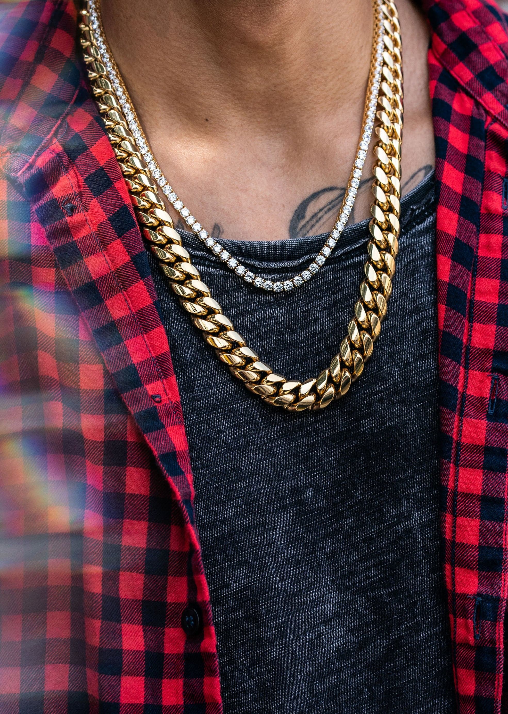 Gold Plated Solid Miami Cuban Link ( 14 MM ) & Tennis Chain - Image 2