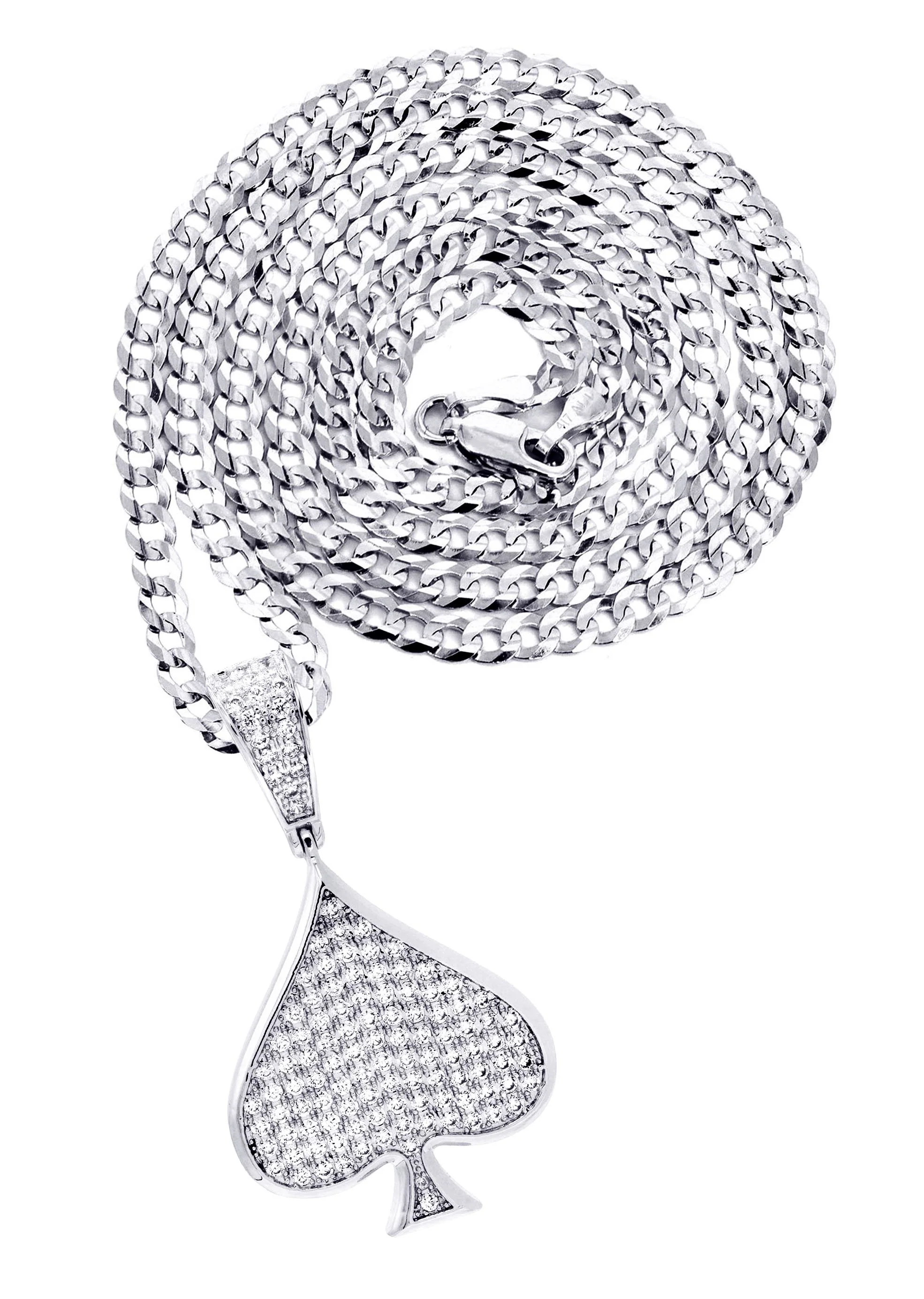 White Gold Plated Cuban Link Chain & Ace of Spades Pendant | Appx. 15.9 Grams
