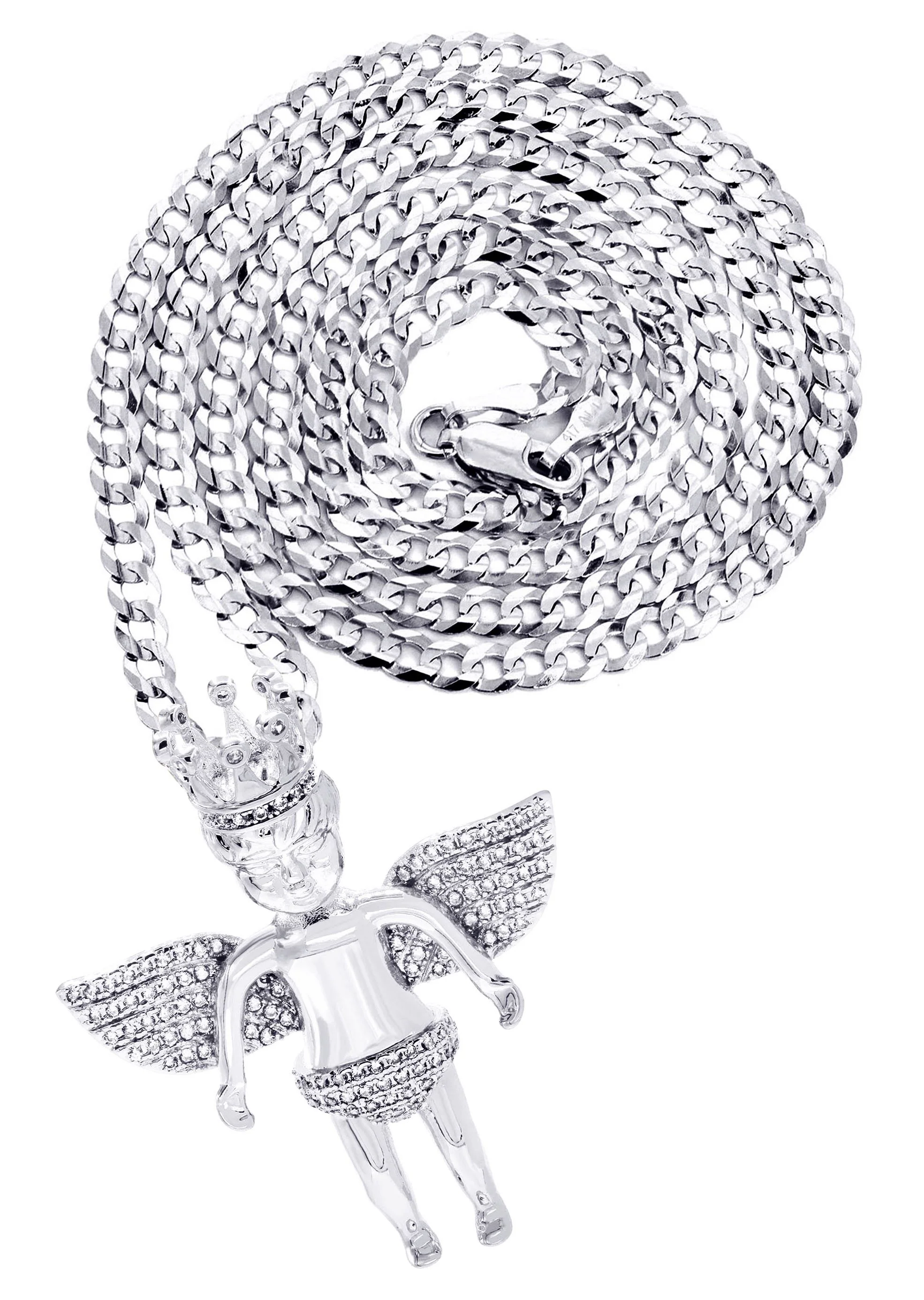 White Gold Plated Cuban Link Chain & Angel Pendant | Appx. 16.3 Grams