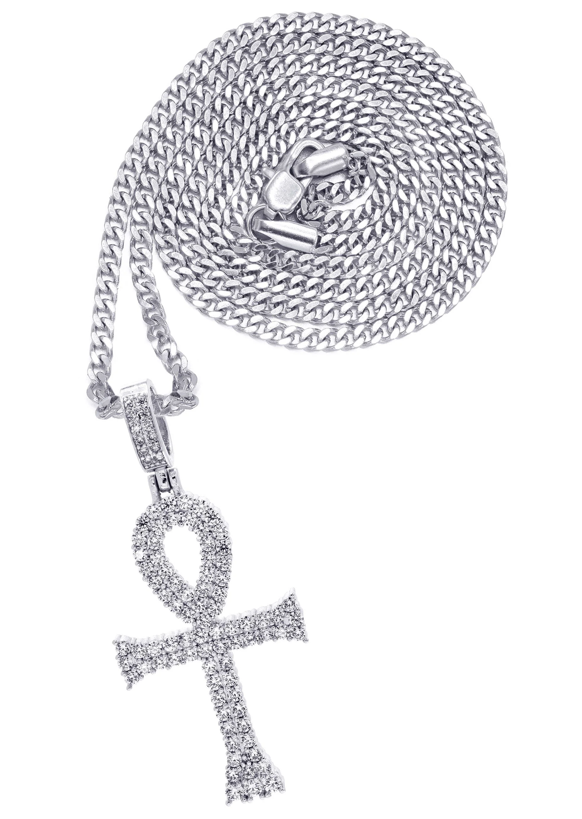White Gold Plated Cuban Link Chain & Ankh Pendant | Appx. 15.1 Grams