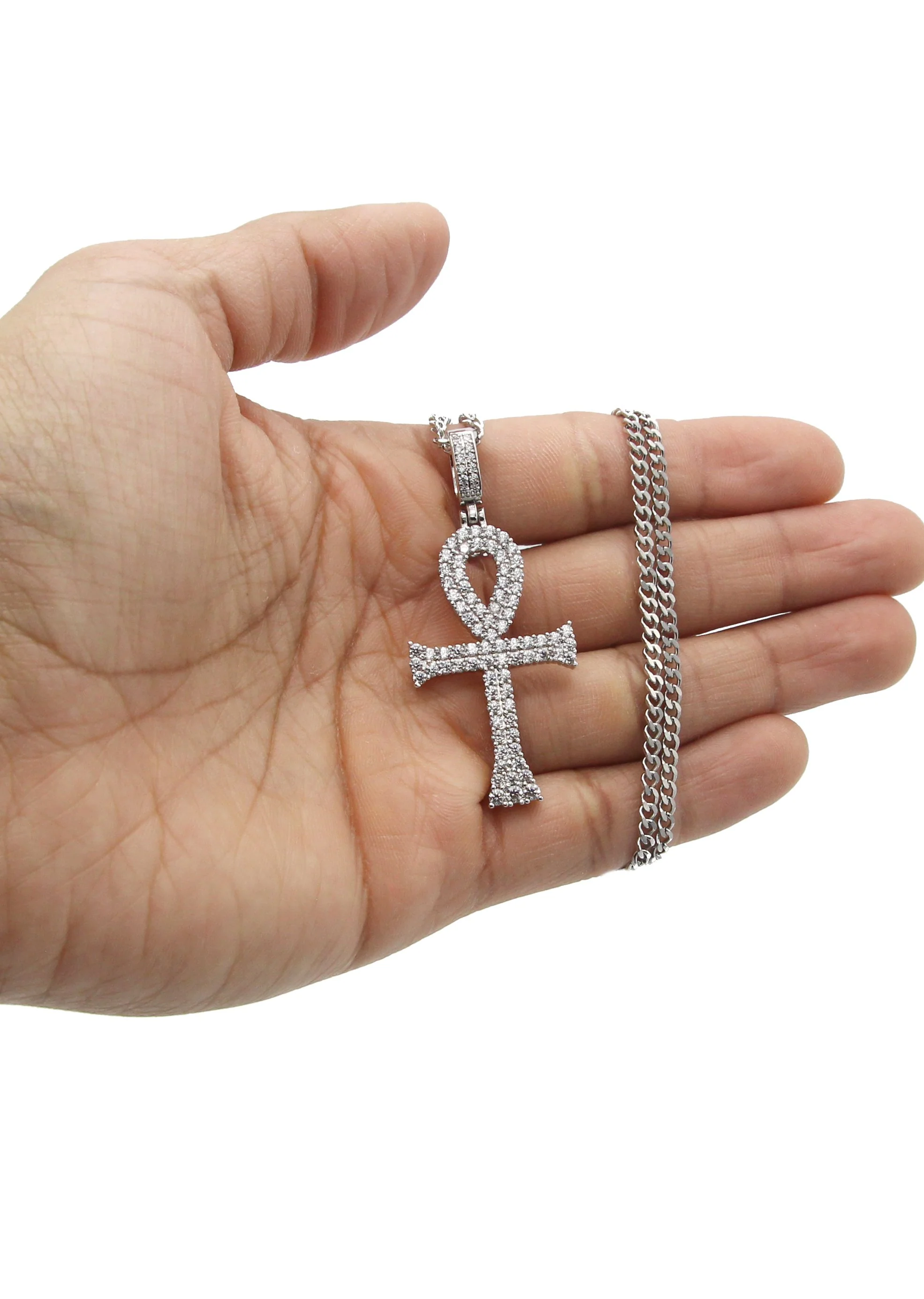 White Gold Plated Cuban Link Chain & Ankh Pendant | Appx. 15.1 Grams - Image 5