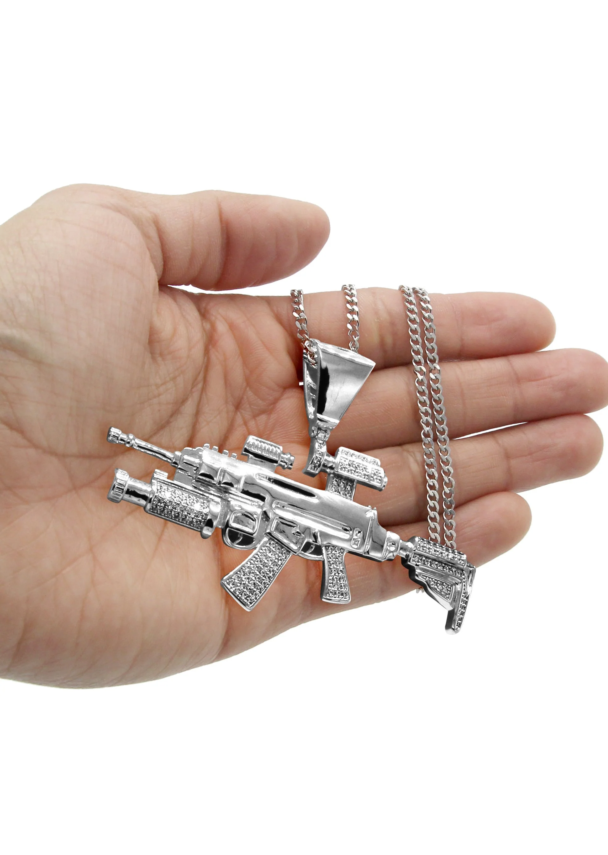 White Gold Plated Cuban Link Chain & Gun Pendant | Appx. 31.9 Grams - Image 5