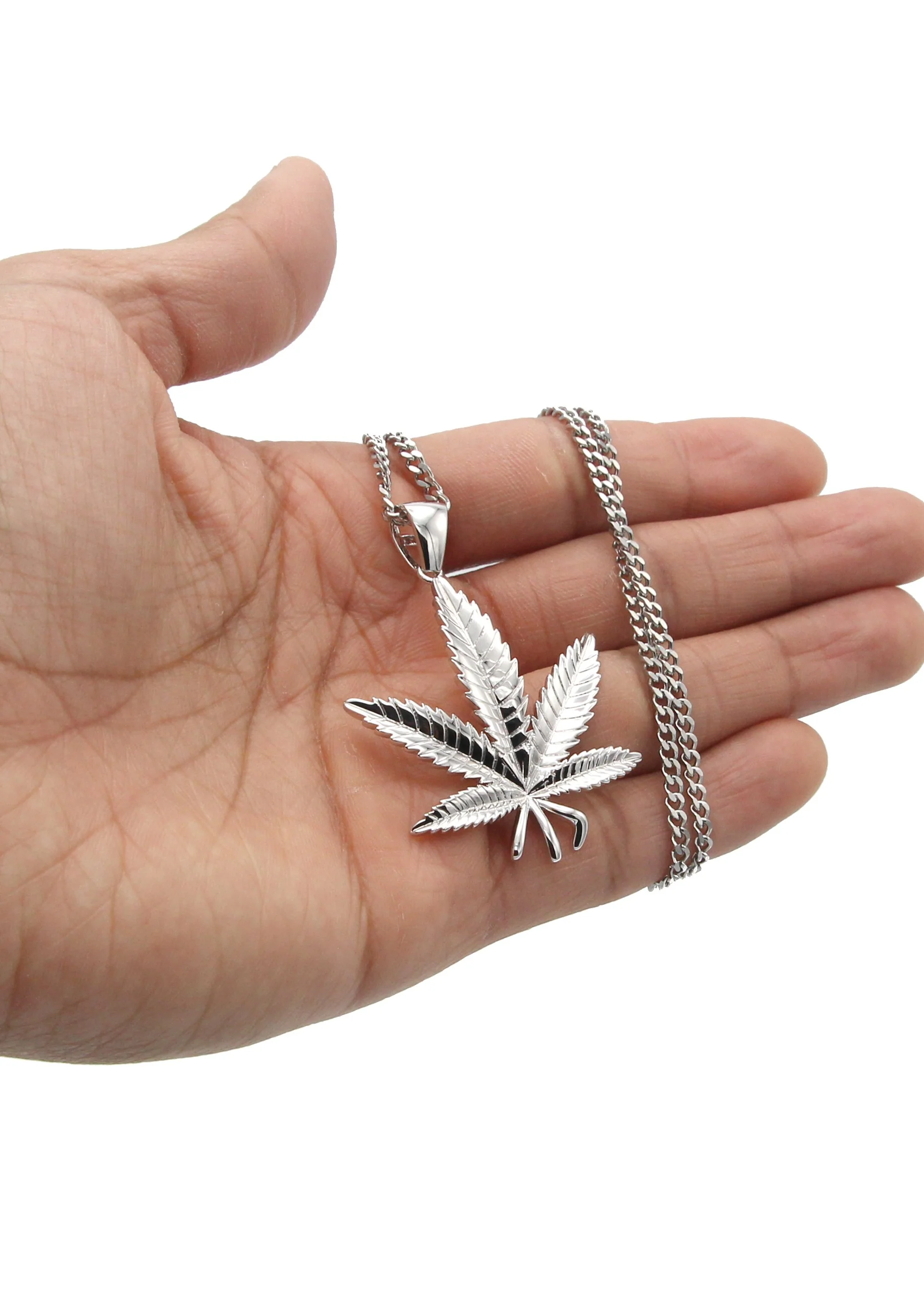 White Gold Plated Cuban Link Chain & Marihuana Leaf Pendant | Appx. 17.4 Grams - Image 5