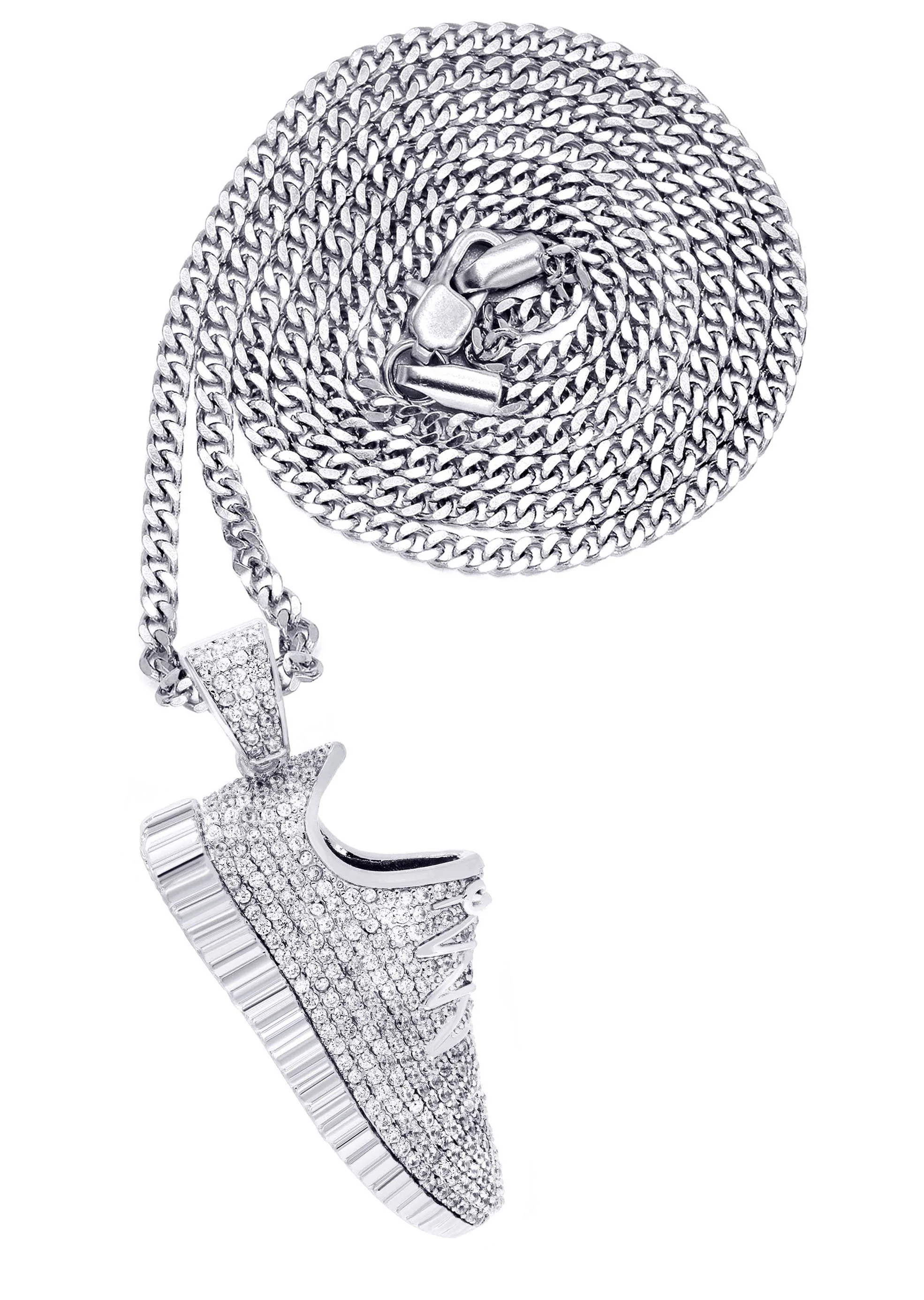 White Gold Plated Cuban Link Chain & Sneaker Pendant | Appx. 30.9 Grams