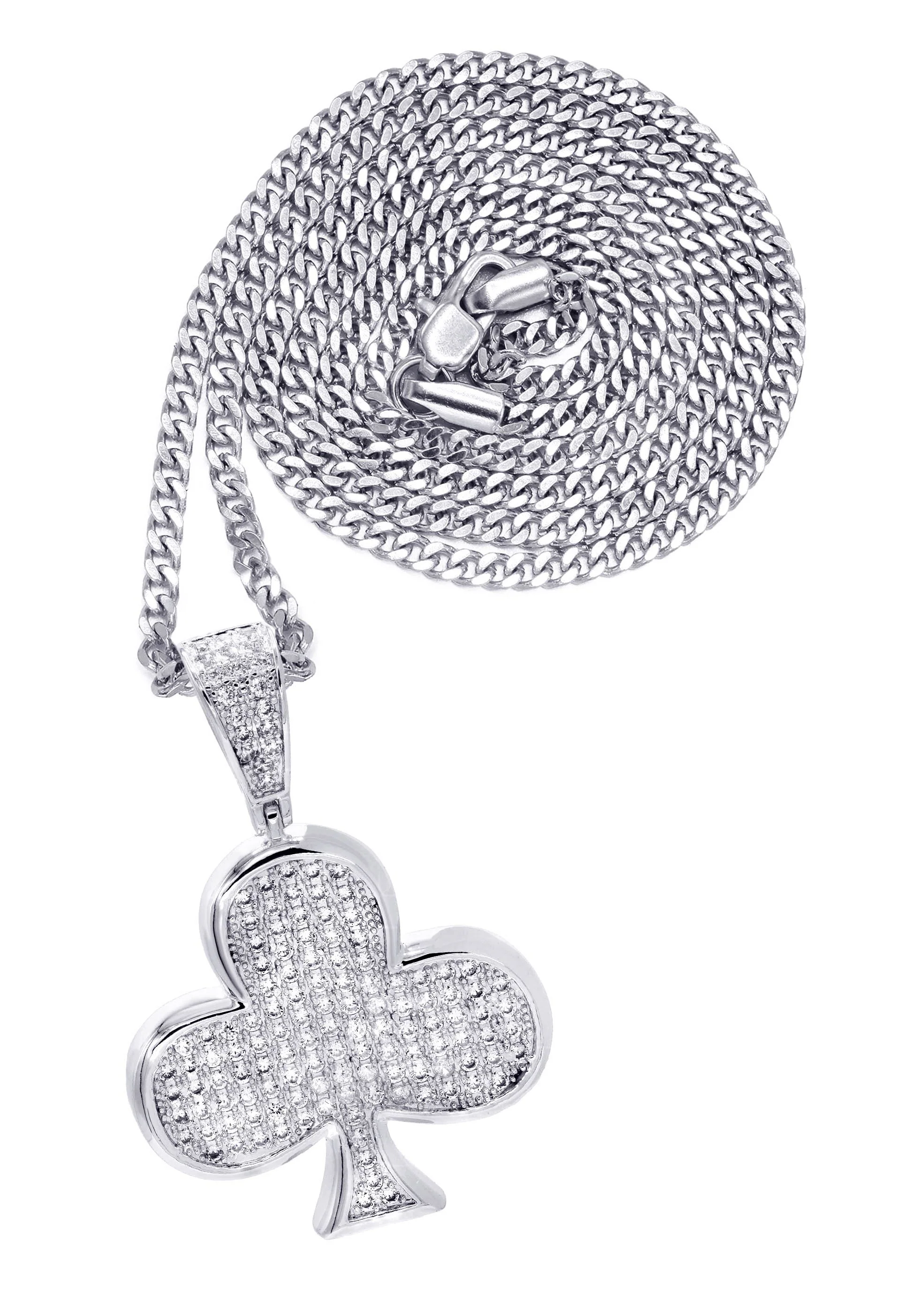 White Gold Plated Cuban Link Chain & Trebol Pendant | Appx. 18.8 Grams