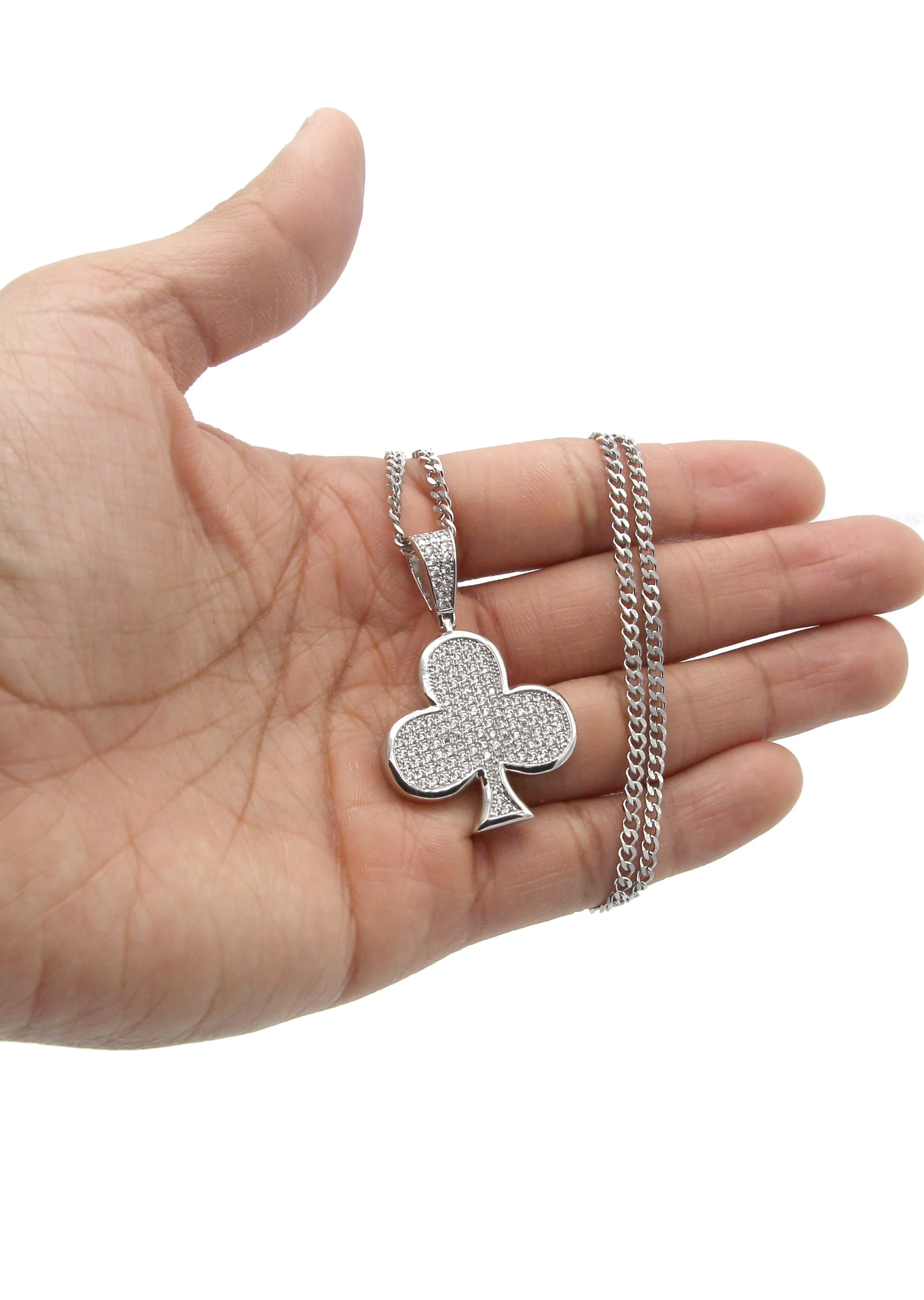 White Gold Plated Cuban Link Chain & Trebol Pendant | Appx. 18.8 Grams - Image 5