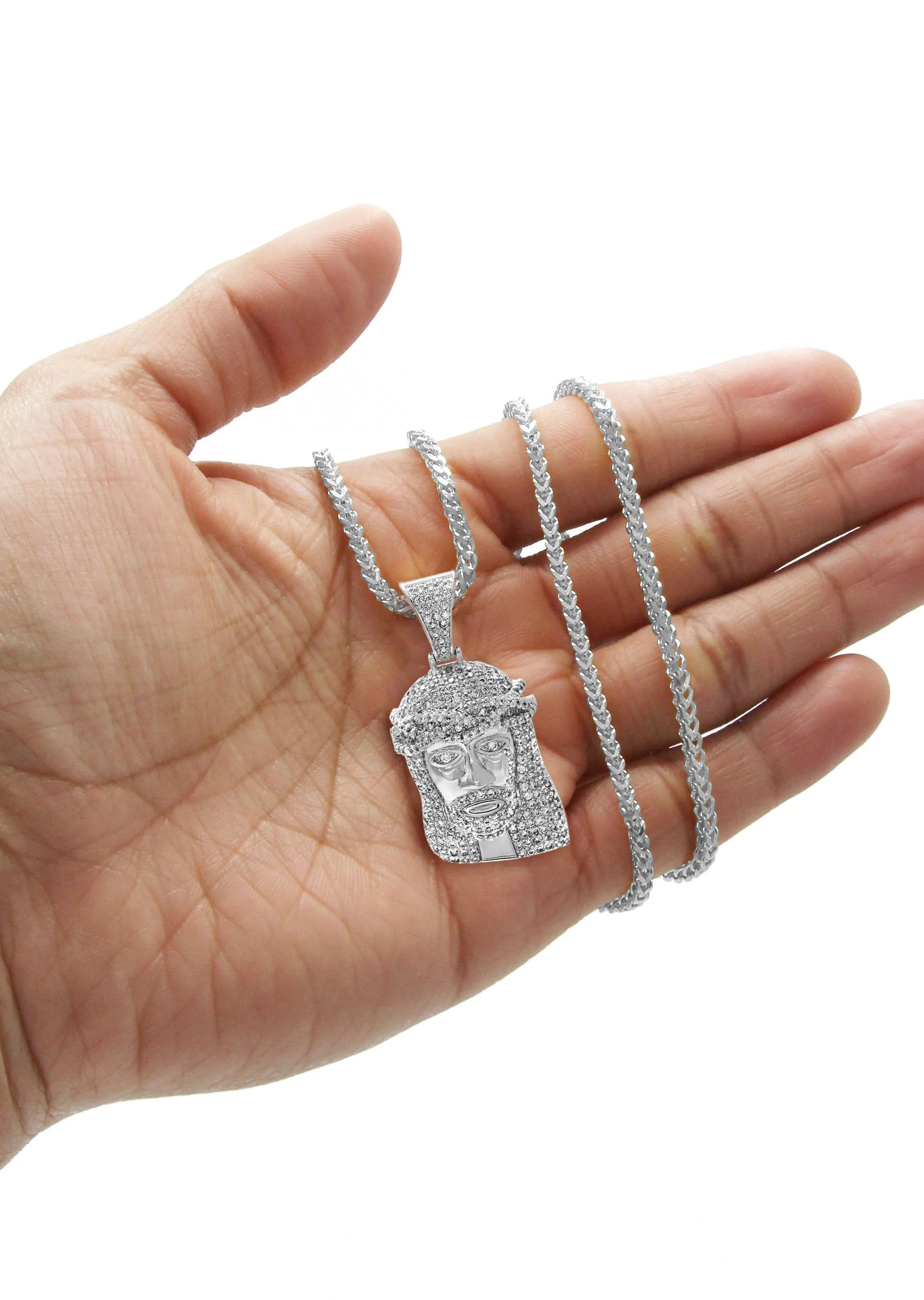White Gold Plated Franco Link Chain & Jesus Head Pendant | Appx. 14.8 Grams - Image 5