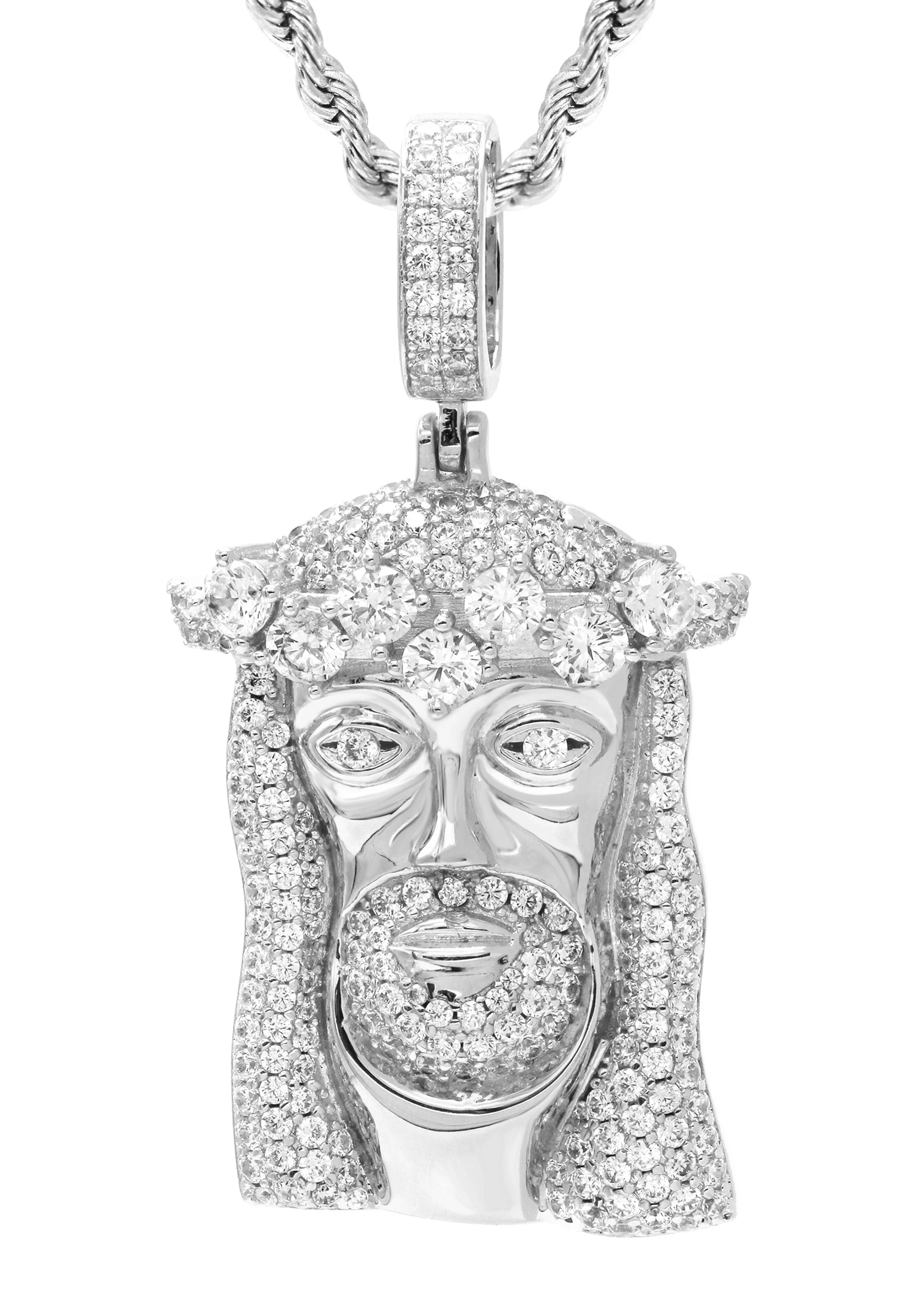 White Gold Plated Rope Chain & Jesus Head Pendant | Appx. 26.7 Grams - Image 2