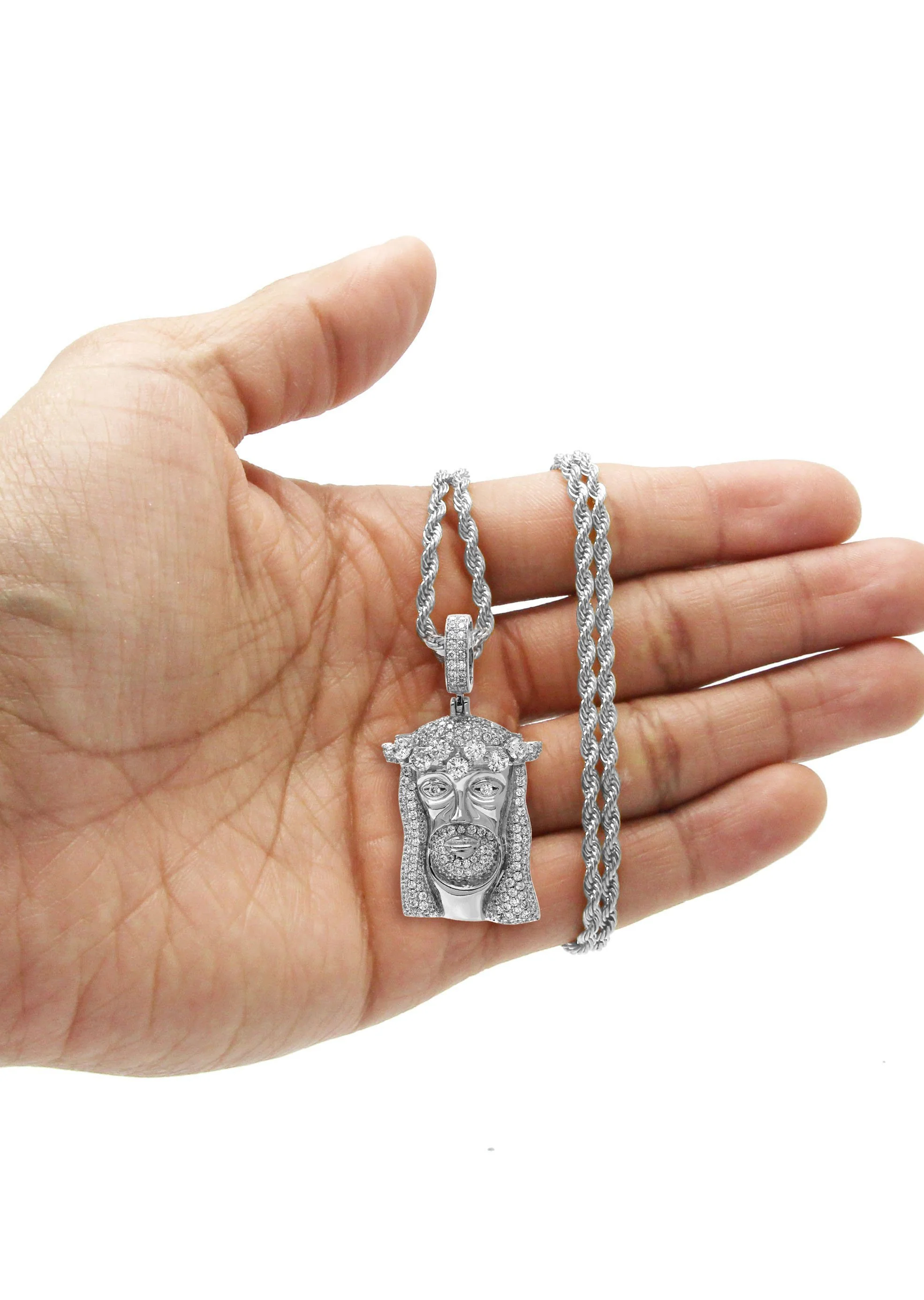 White Gold Plated Rope Chain & Jesus Head Pendant | Appx. 26.7 Grams - Image 5