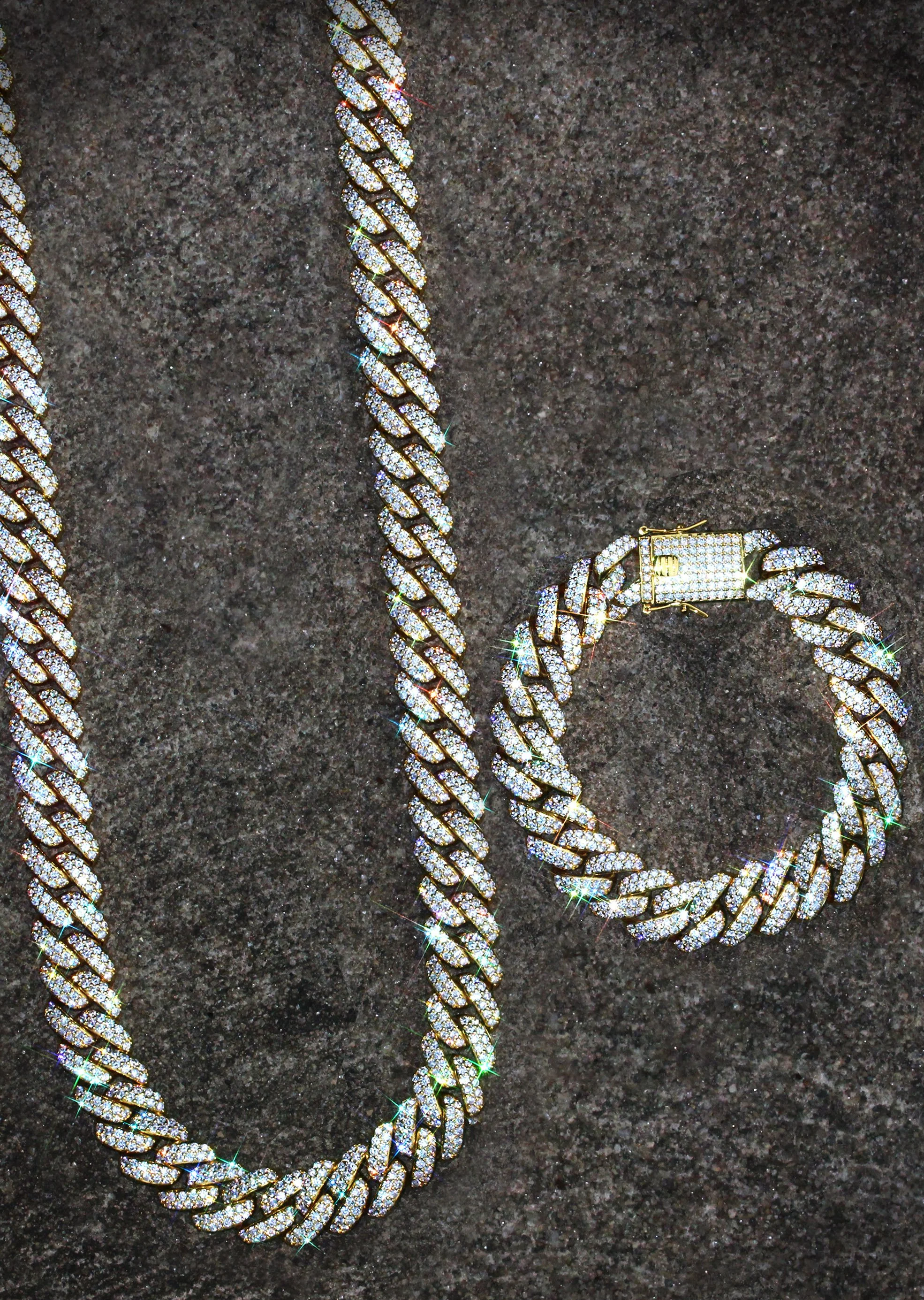 Yellow Gold Plated Iced Out Miami Cuban Link Chain & Bracelet