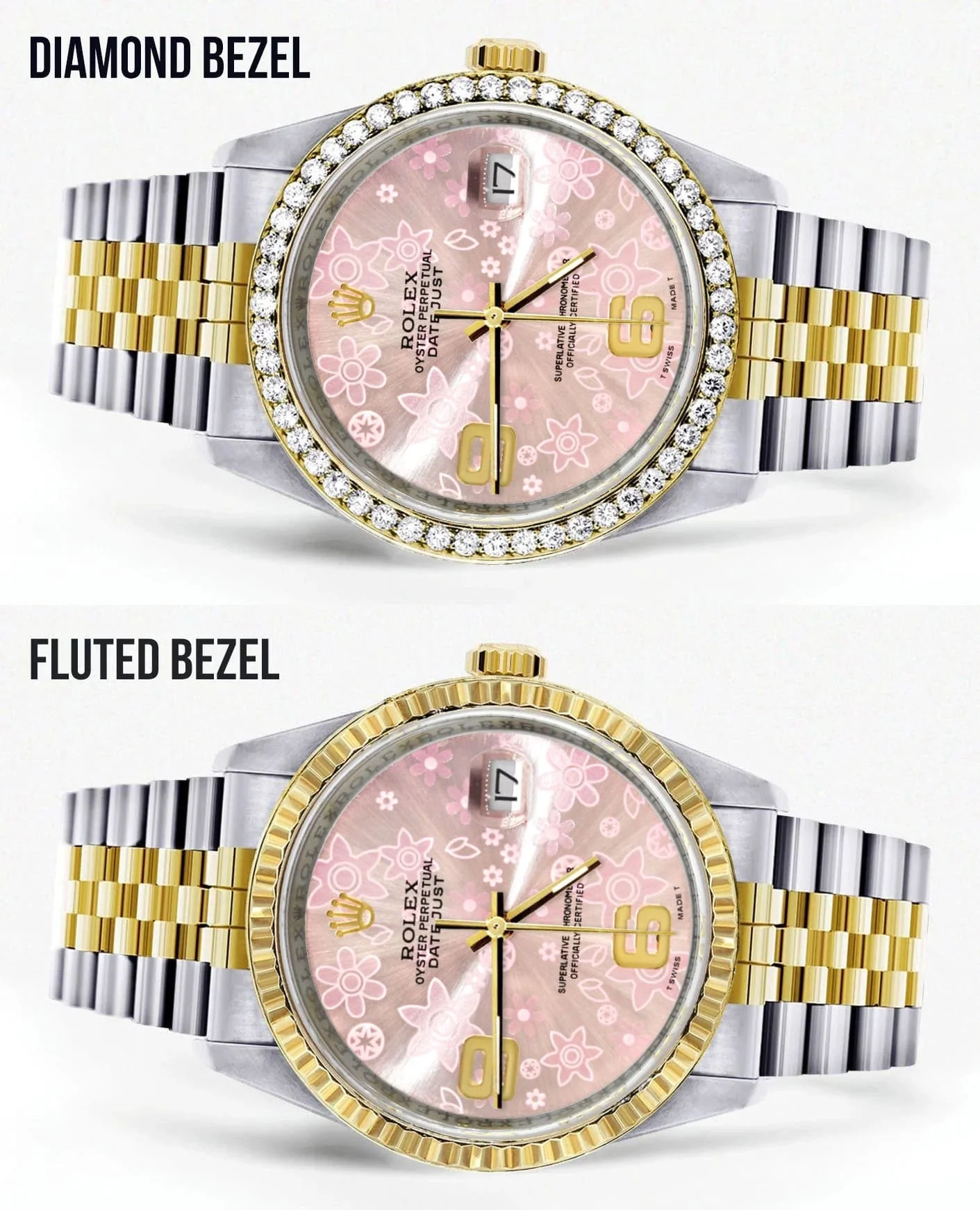 Gold Rolex Datejust Watch 16233 Two Tone for Men | 36Mm | Pink Flower Dial | Jubilee Band - Image 2