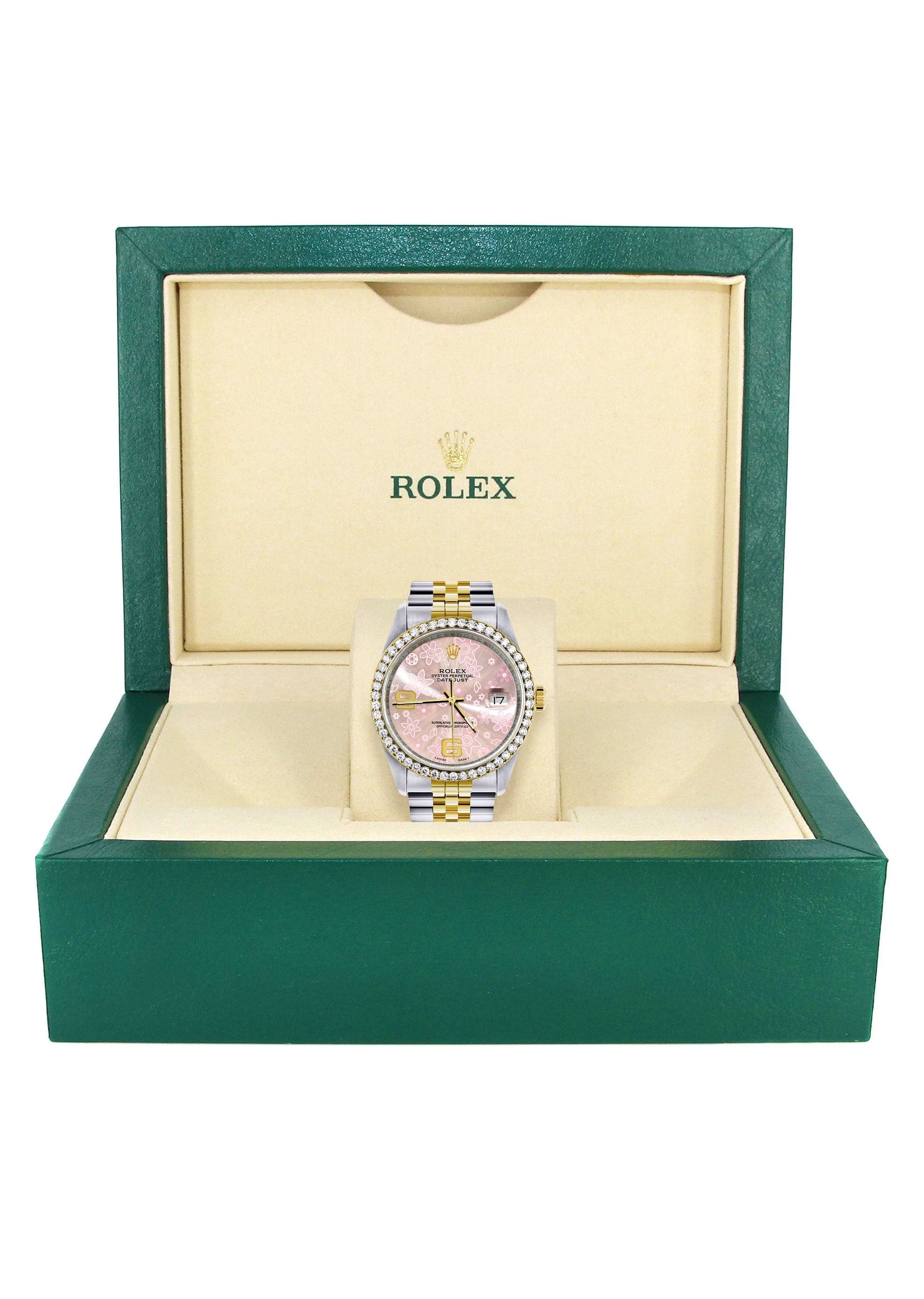 Gold Rolex Datejust Watch 16233 Two Tone for Men | 36Mm | Pink Flower Dial | Jubilee Band - Image 7