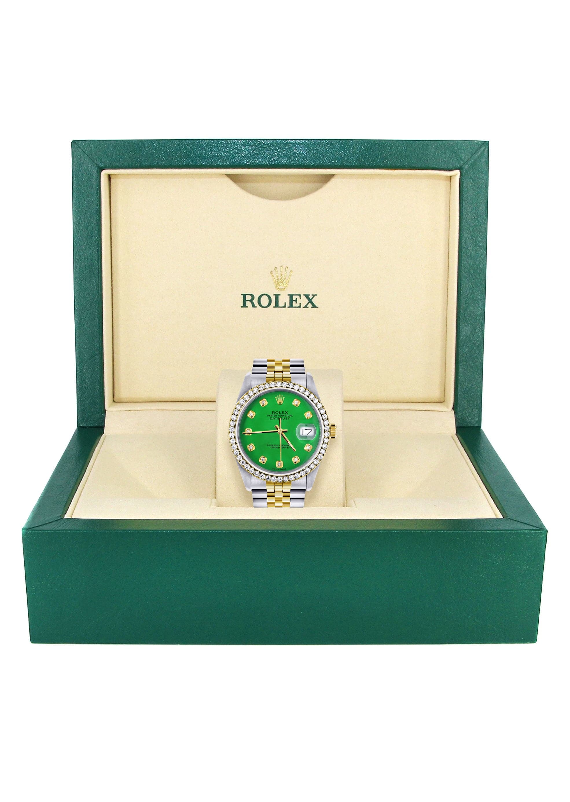 Gold Rolex Datejust Watch 16233 for Men | 36Mm | Green Dial | Jubilee Band - Image 7