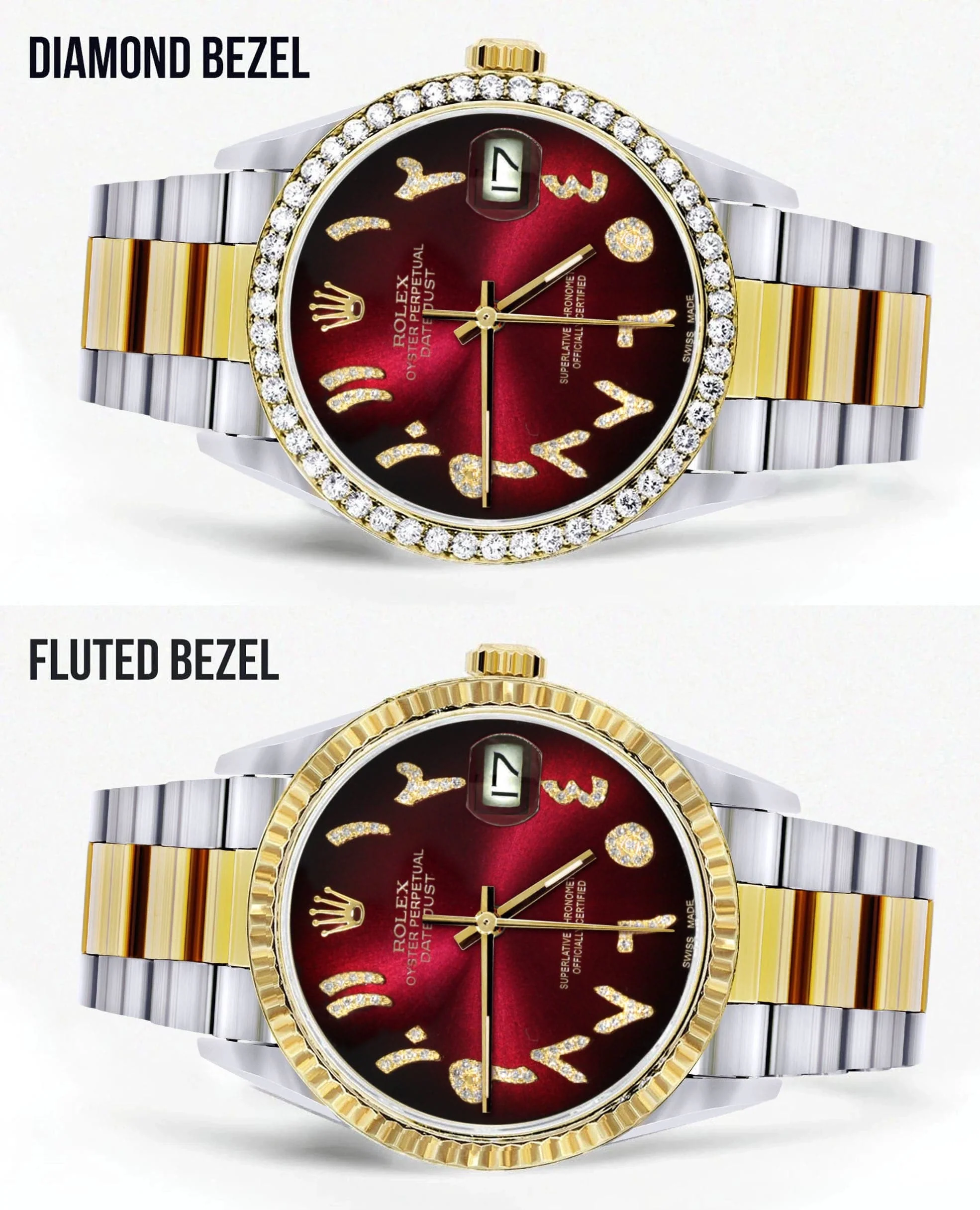 Gold & Steel Rolex Datejust Watch 16233 for Men | 36Mm | Red Black Arabic Diamond Dial | Oyster Band - Image 2