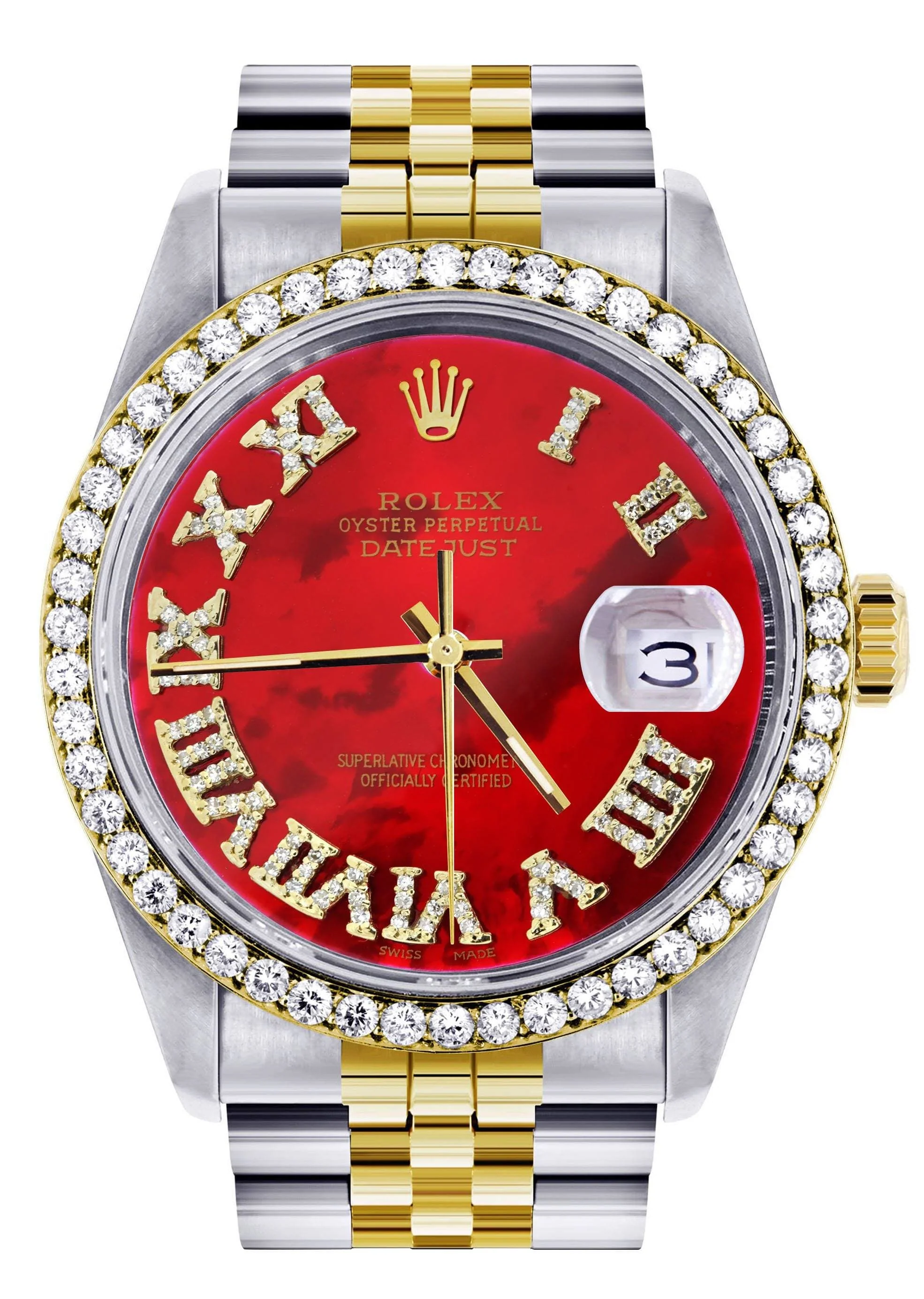 Gold & Steel Rolex Datejust Watch 16233 for Men | 36Mm | Diamond Red Roman Dial | Jubilee Band