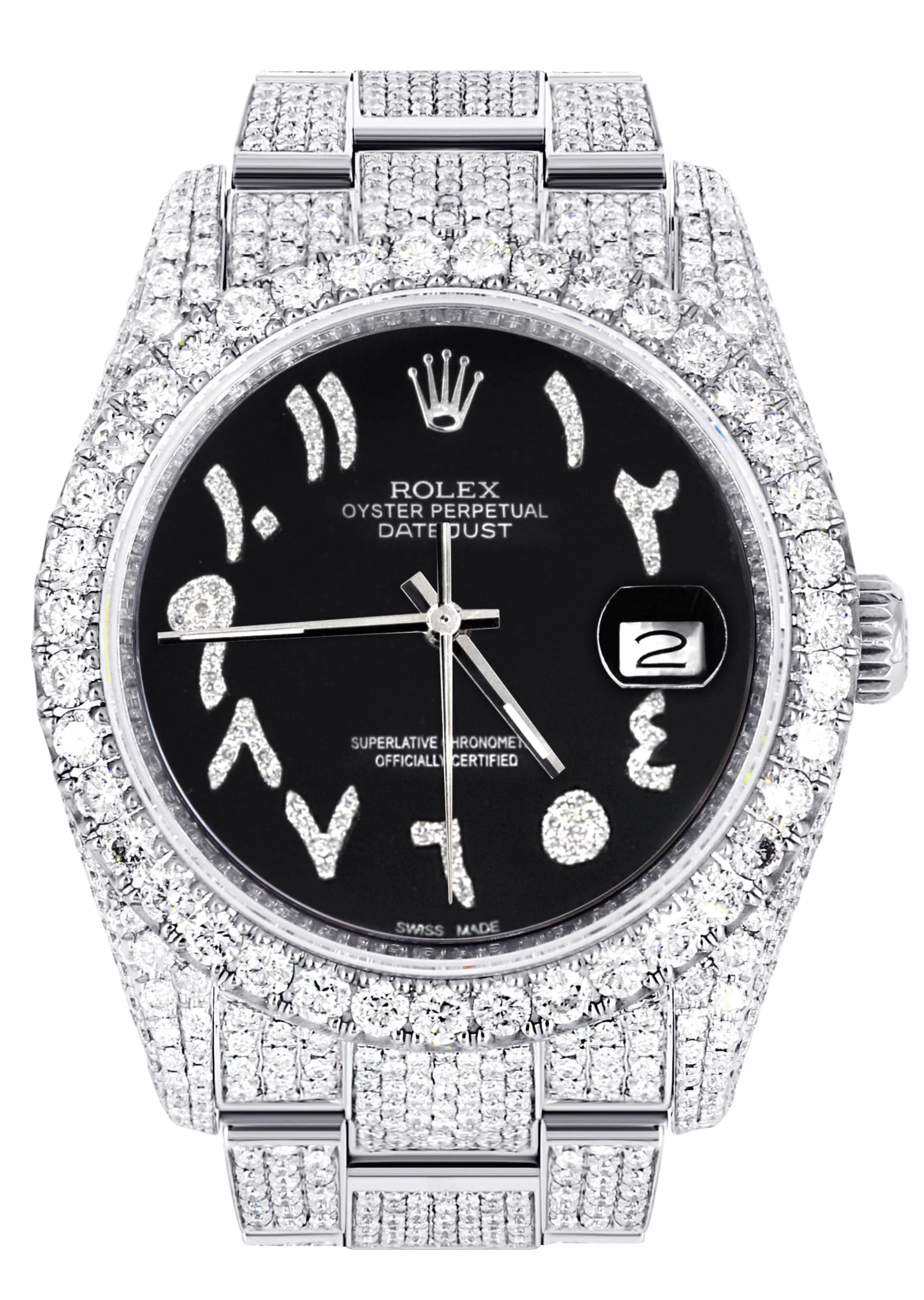 Iced Out Rolex Datejust 36 MM | Stainless Steel | 10 Carats of Diamonds | Black Arabic Diamond Dial | Oyster Band