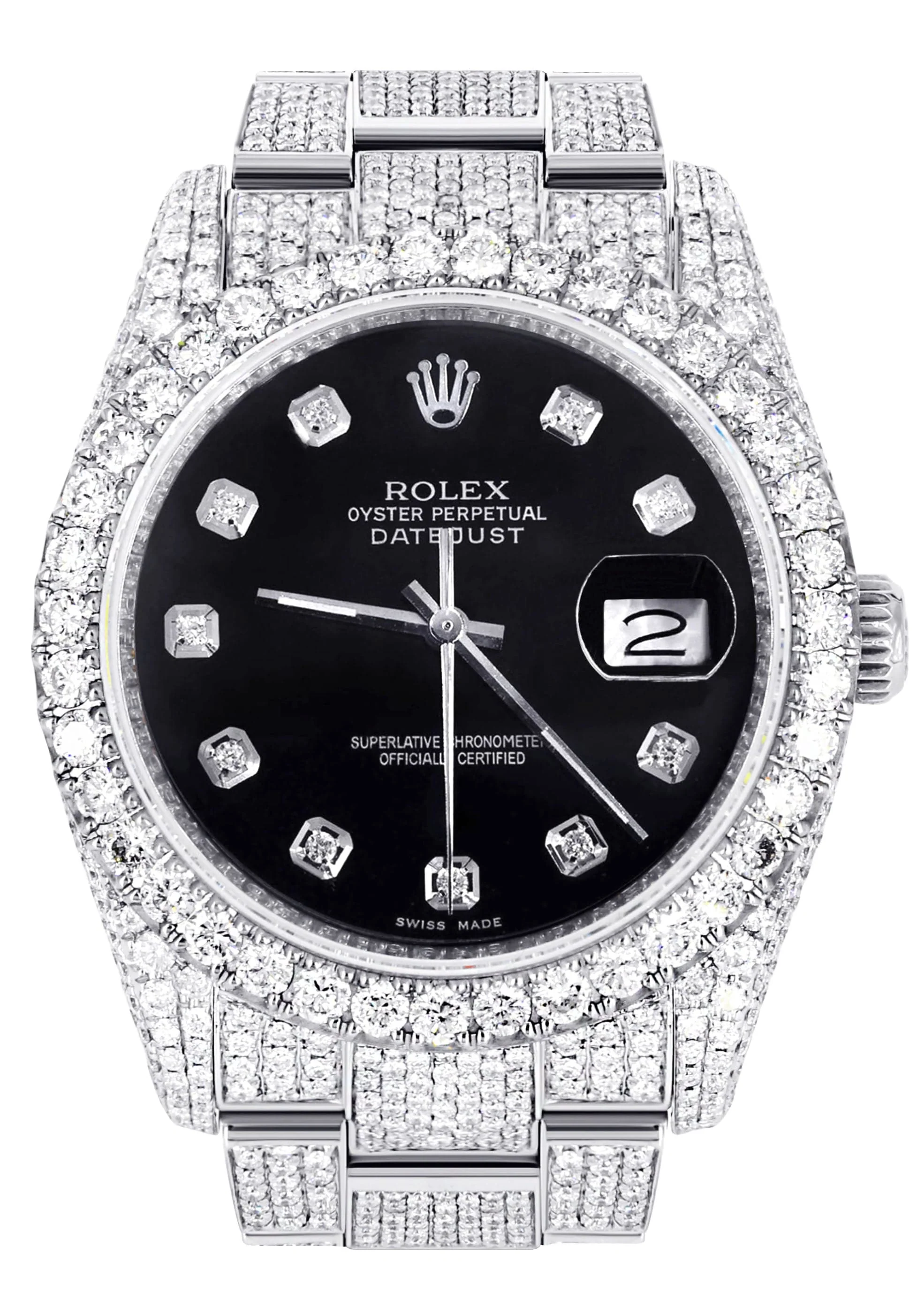 Iced Out Rolex Datejust 36 MM | Stainless Steel | 16.5 Carats of Diamonds | Black Dial | Jubilee Band | Model 116200