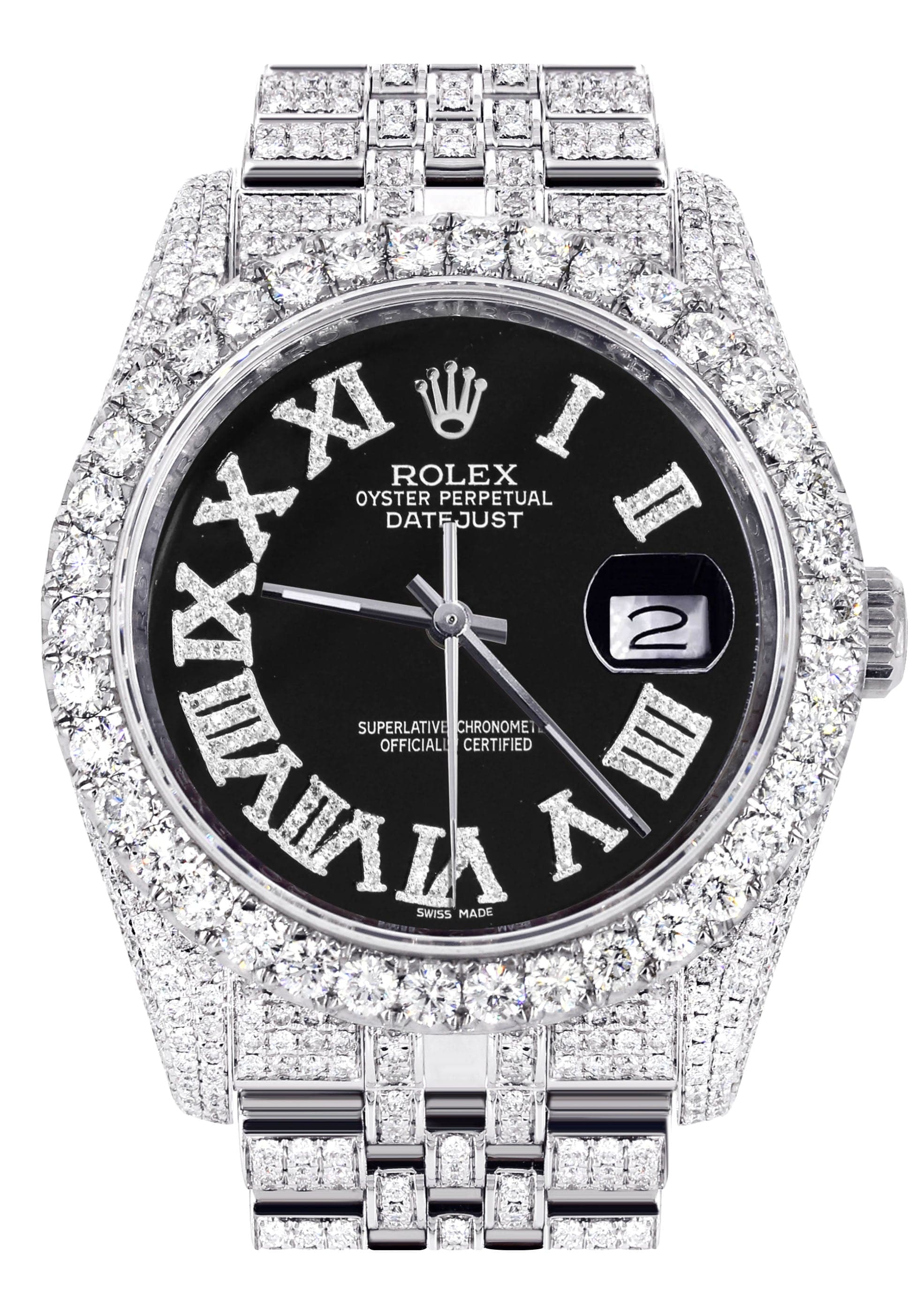 Iced Out Rolex Datejust 36 MM | Stainless Steel | 10 Carats of Diamonds | Black Roman Diamond Dial | Jubilee Band