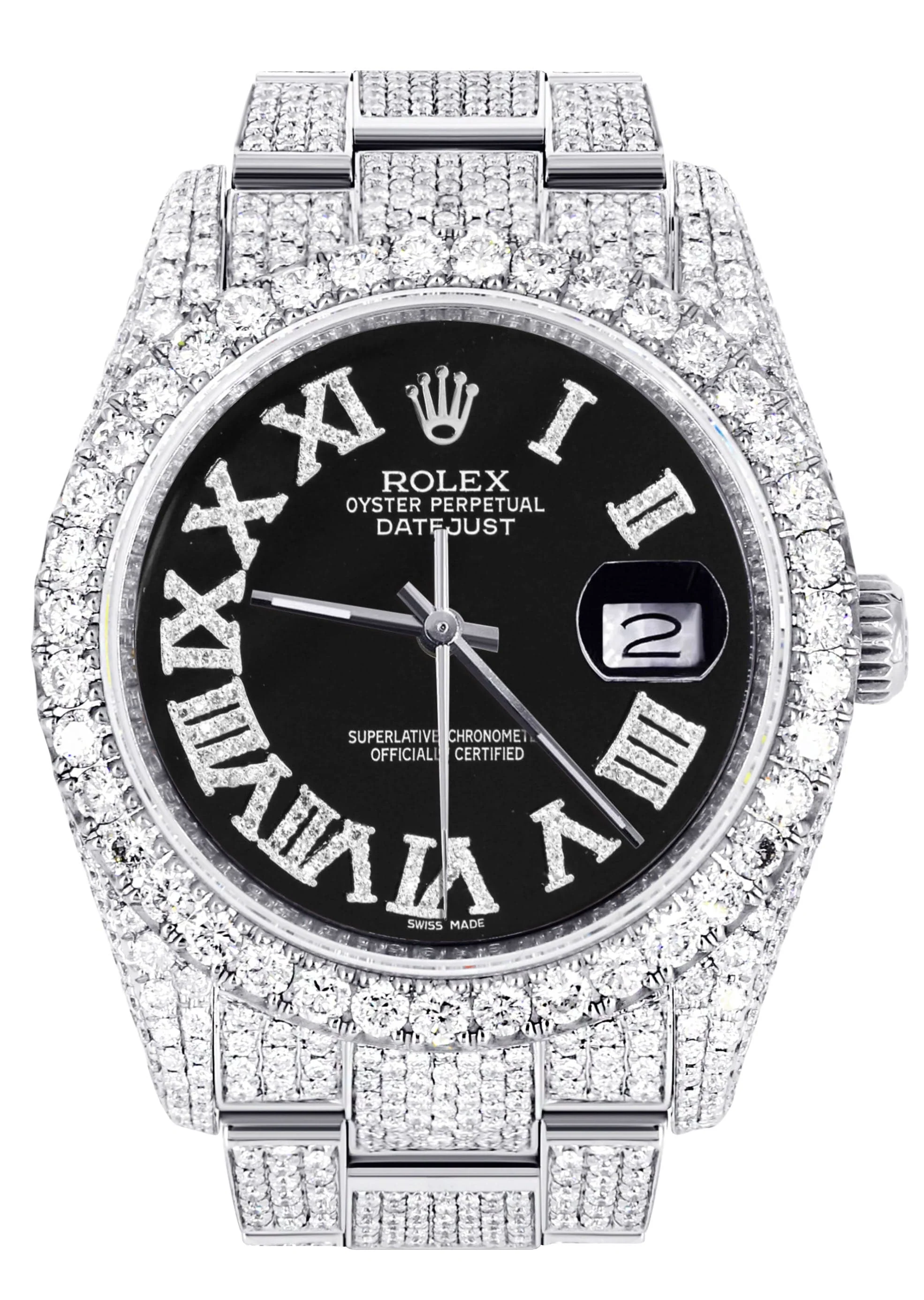 Iced Out Rolex Datejust 36 MM | Stainless Steel | 10 Carats of Diamonds | Black Roman Diamond Dial | Oyster Band
