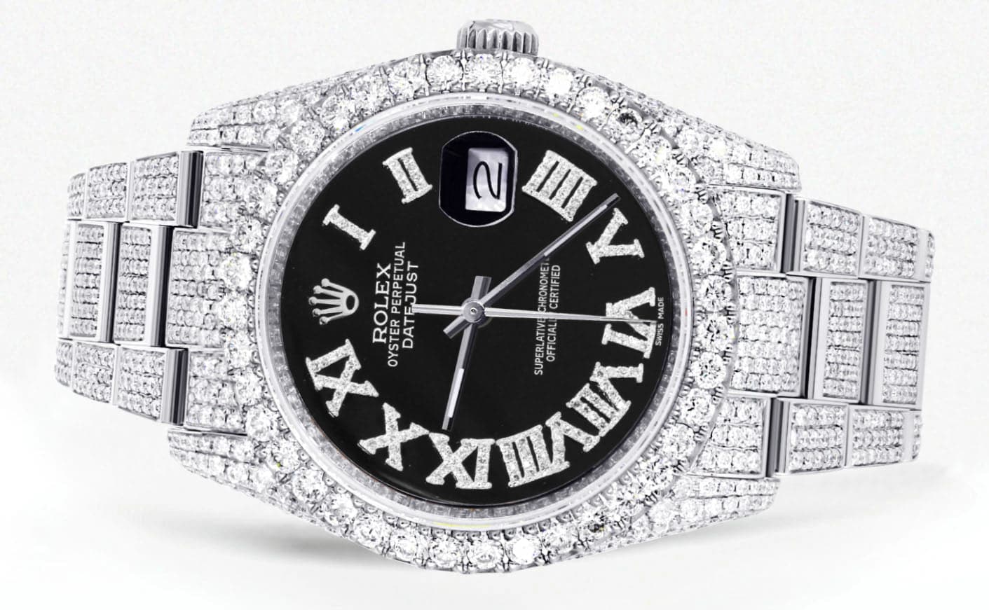 Iced Out Rolex Datejust 36 MM | Stainless Steel | 10 Carats of Diamonds | Black Roman Diamond Dial | Oyster Band - Image 2