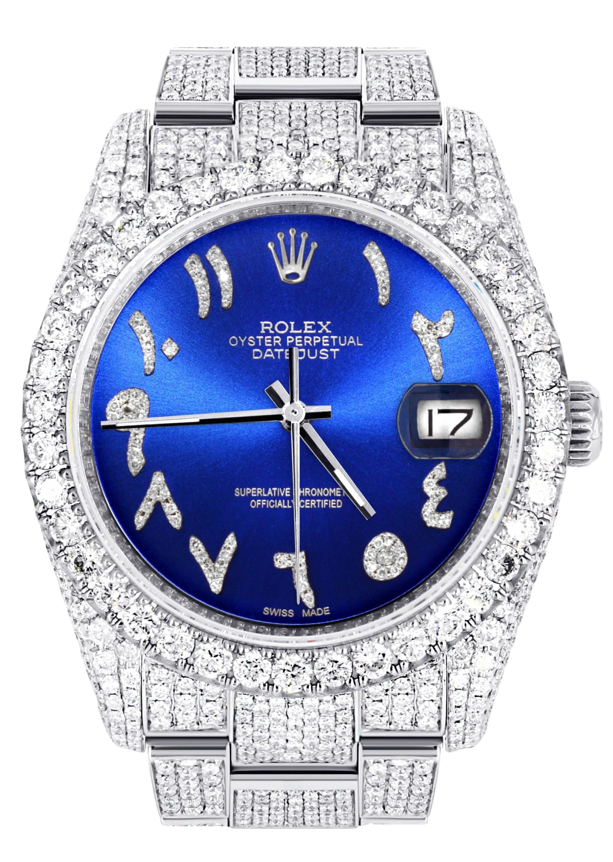 Iced Out Rolex Datejust 36 MM | Stainless Steel | 10 Carats of Diamonds | Blue Arabic Diamond Dial | Oyster Band