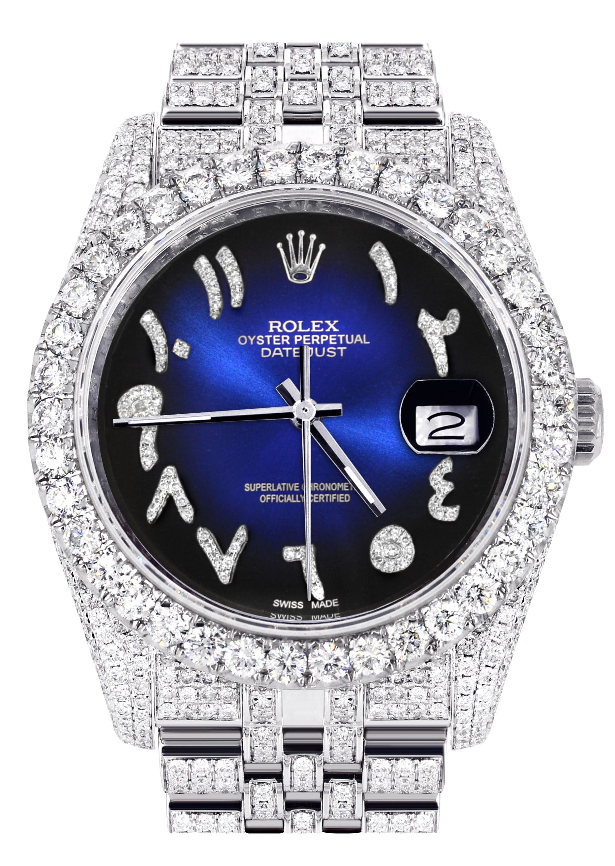 Iced Out Rolex Datejust 36 MM | Stainless Steel | 10 Carats of Diamonds | Blue Black Arabic Diamond Dial | Jubilee Band