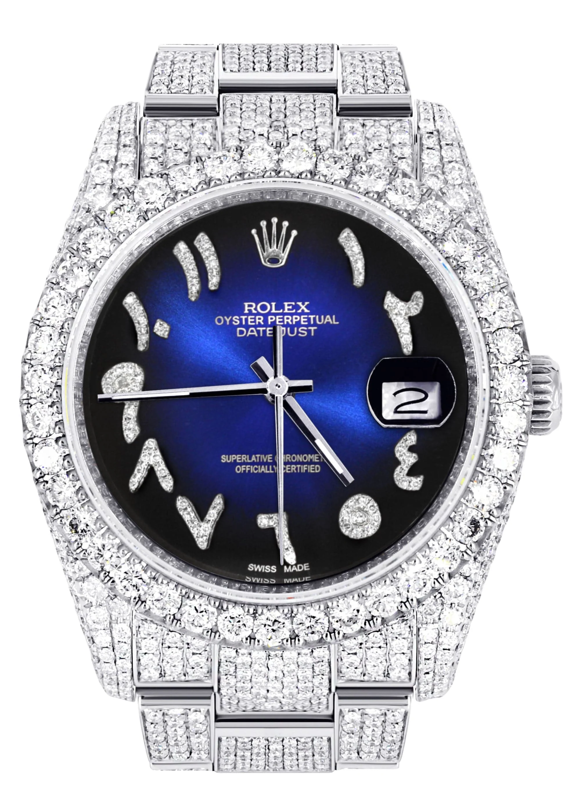 Iced Out Rolex Datejust 36 MM | Stainless Steel | 10 Carats of Diamonds | Blue Black Arabic Diamond Dial | Oyster Band