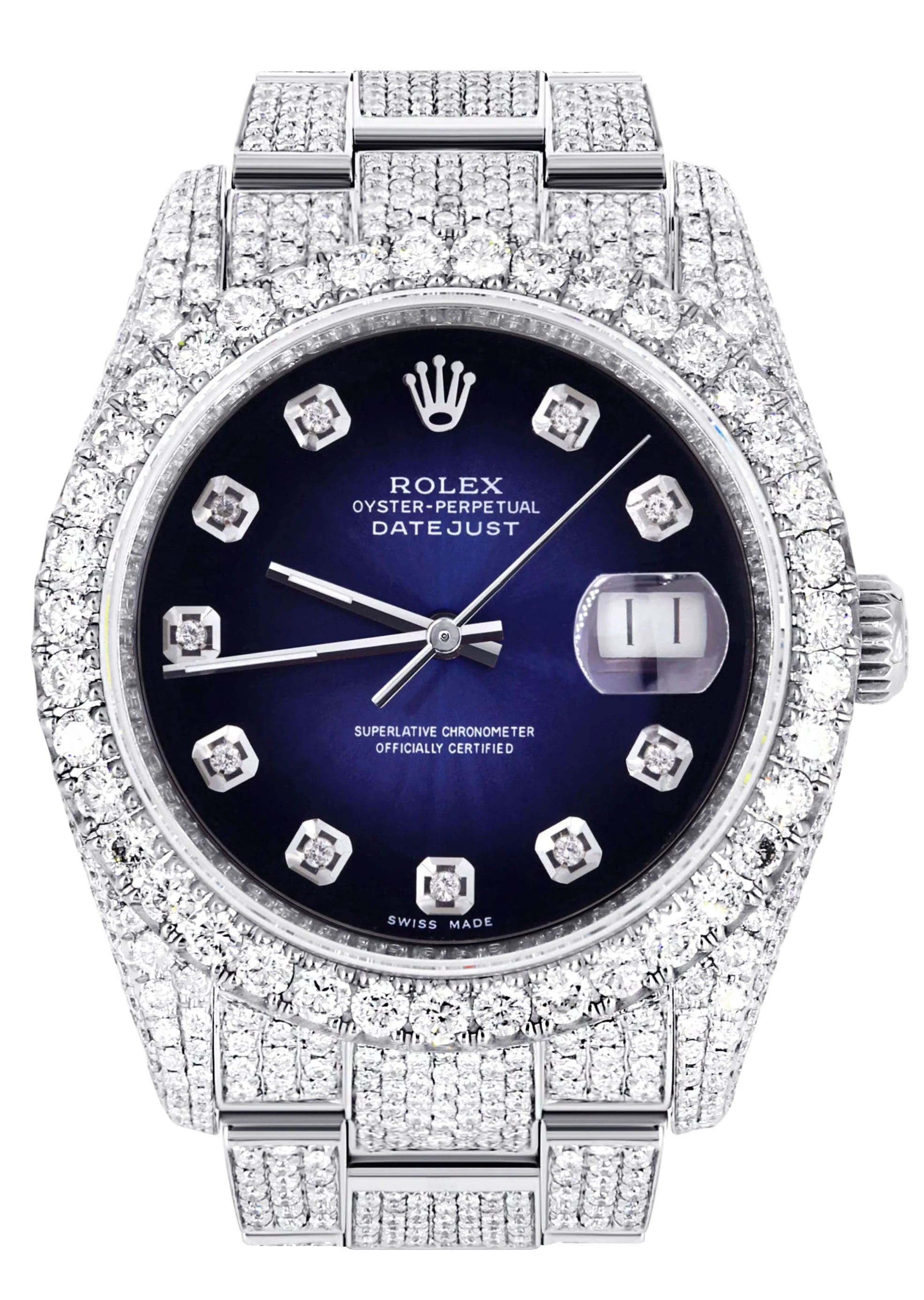 Iced Out Rolex Datejust 36 MM | Stainless Steel | 16.5 Carats of Diamonds | Blue Black Diamond Dial | Oyster Band | Model 116200