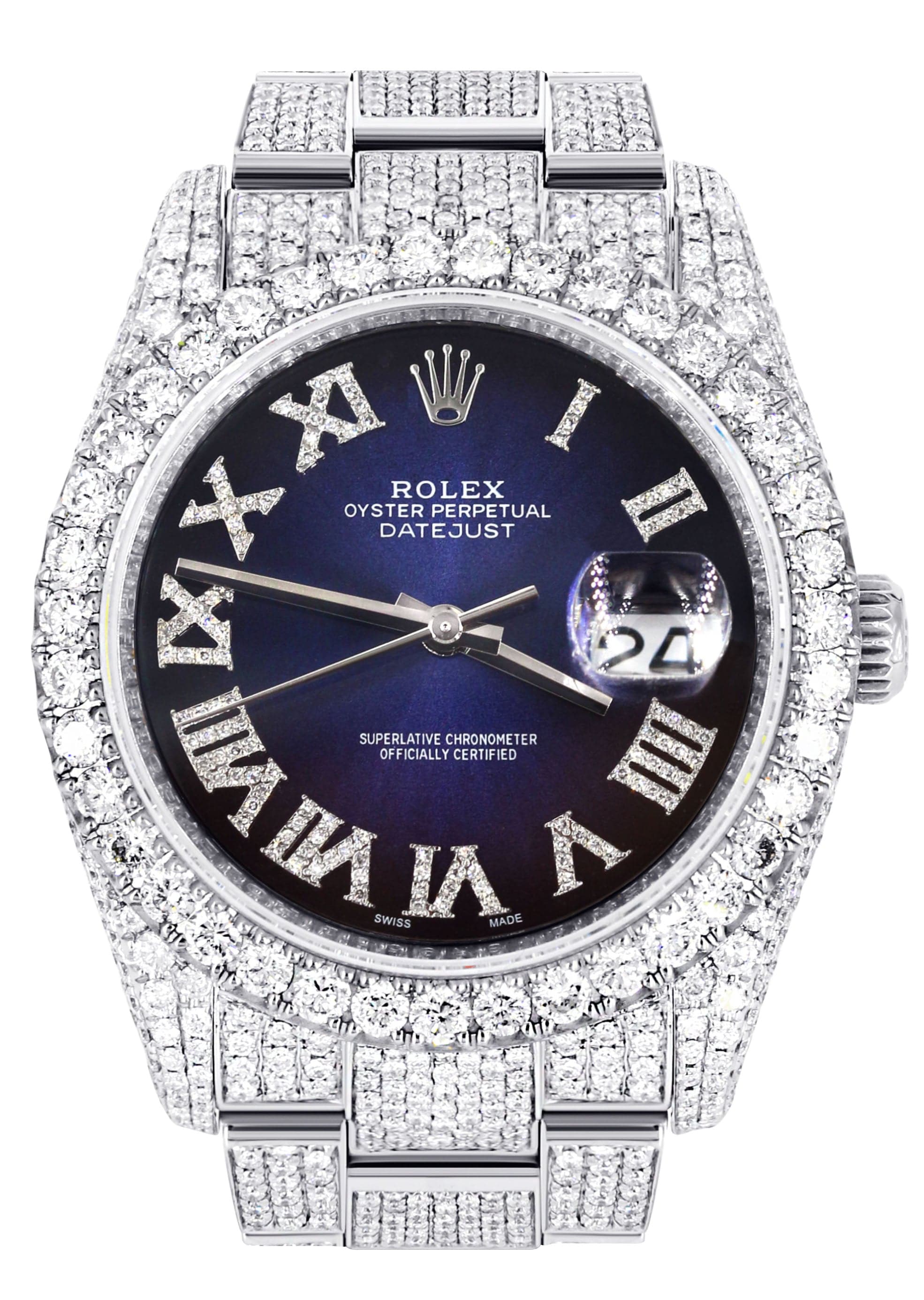 Iced Out Rolex Datejust 36 MM | Stainless Steel | 10 Carats of Diamonds | Blue Black Roman Diamond Dial | Oyster Band