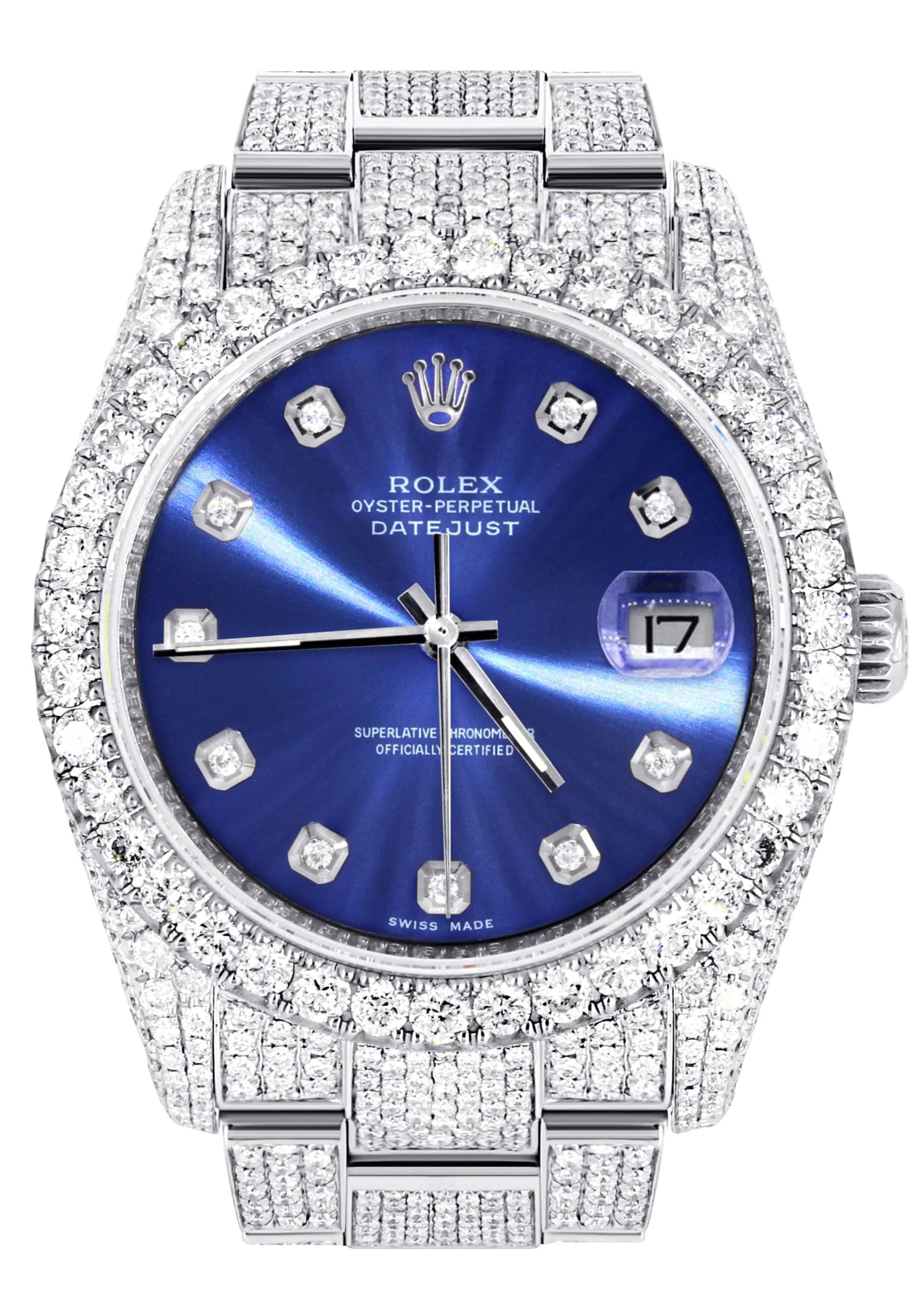 Iced Out Rolex Datejust 36 MM | Stainless Steel | 16.5 Carats of Diamonds | Blue Diamond Dial | Oyster Band | Model 116200