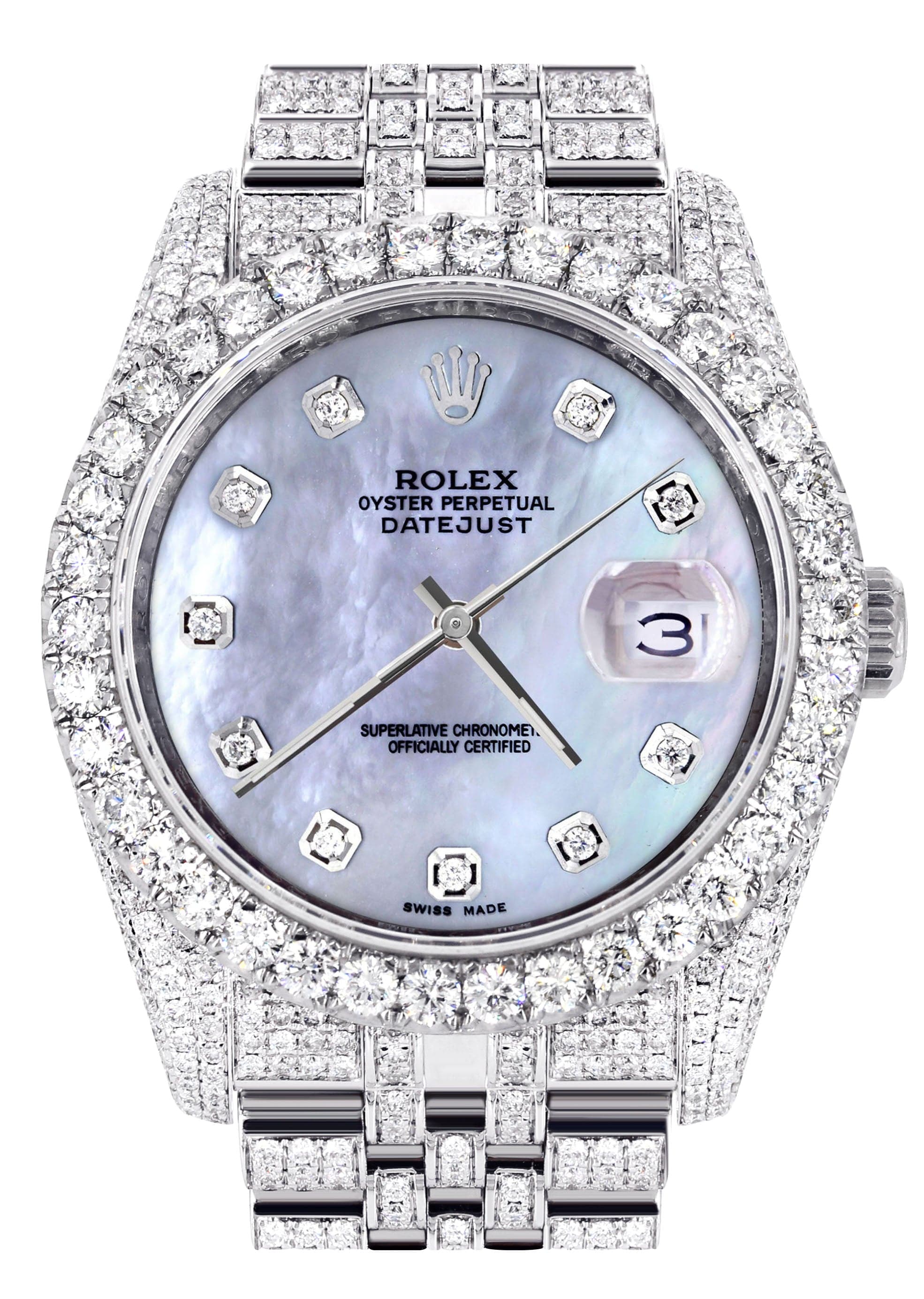 Iced Out Rolex Datejust 36 MM | Stainless Steel | 16.5 Carats of Diamonds | Blue Mother of Pearl Diamond Dial | Jubilee Band | Model 116200